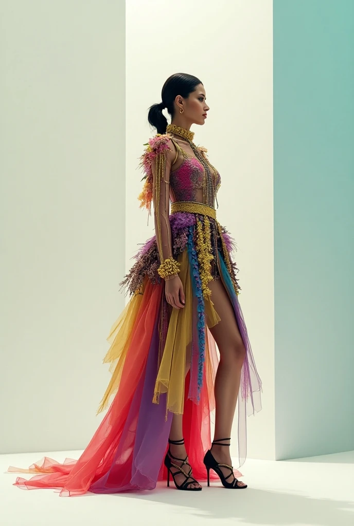 Beautiful sexy woman, beautiful avant garde style, full length , beautiful clothes ,accessories , Thai suit collaboration with pride month, fashion design,colorful