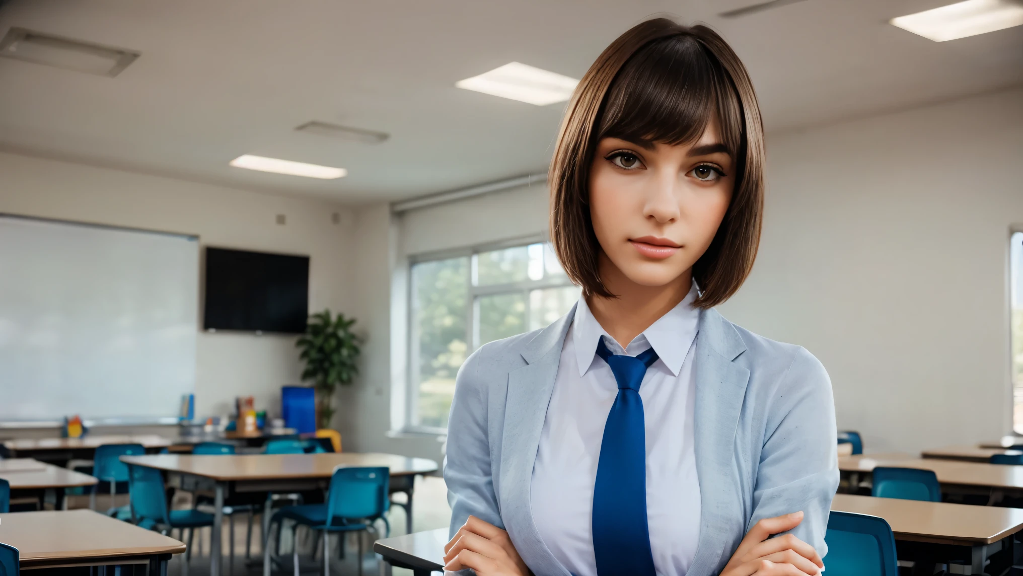 ((Has doubts: 1,3)), ((Thoughtful expression: 1,5)), ((Thoughtful pose, as if looking up:1,3)), (focus on face). A young high school student standing, dressed in school uniform, (bob hairstyle with bangs:1.3). Surrounded by students, she appears facing forward, reflecting a confident and serene posture. The scene uses bright, vibrant colors to create an energetic school classroom atmosphere. The portrait format captures the full figure of the student, highlighting both her profile and the dynamism of the environment.