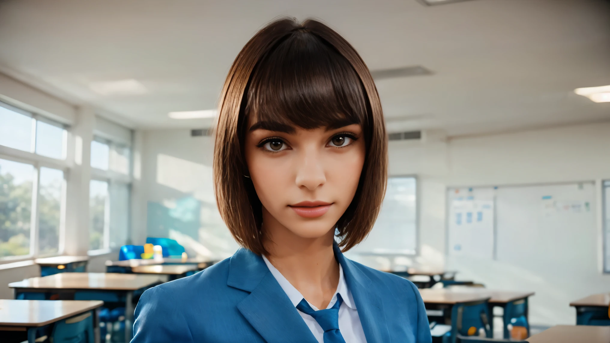 (Portrait), ((Has doubts: 1,3)), ((Thoughtful expression: 1,5)), ((Thoughtful pose, as if looking up:1,3)), (focus on face). A young high school student standing, dressed in school uniform, (bob hairstyle with bangs:1.3). Surrounded by students, she appears facing forward, reflecting a confident and serene posture. The scene uses bright, vibrant colors to create an energetic school classroom atmosphere. The portrait format captures the full figure of the student, highlighting both her profile and the dynamism of the environment.