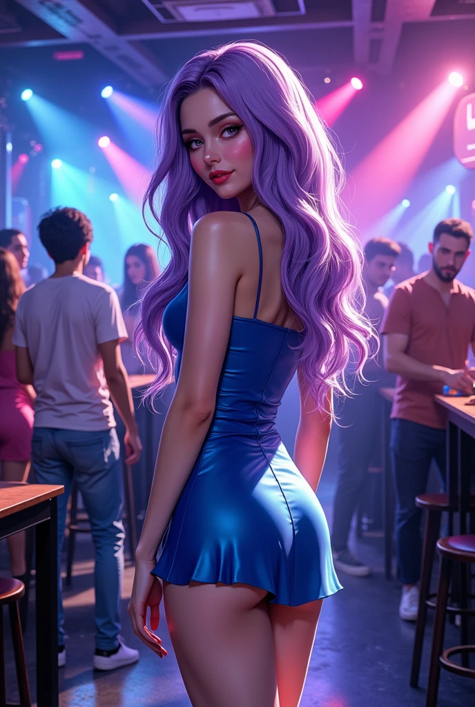 photography, Photorealistic, a young woman wearing blue short dress, she is standing in the night club, long lavender color hair