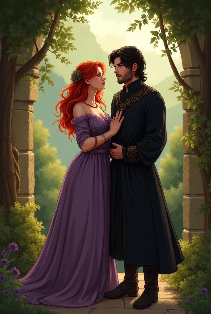 White woman with long curly orange hair and brown eyes, sitting on a bench in a garden holding hands with a white man, high, handsome with black eyes and hair. Ancient period dress