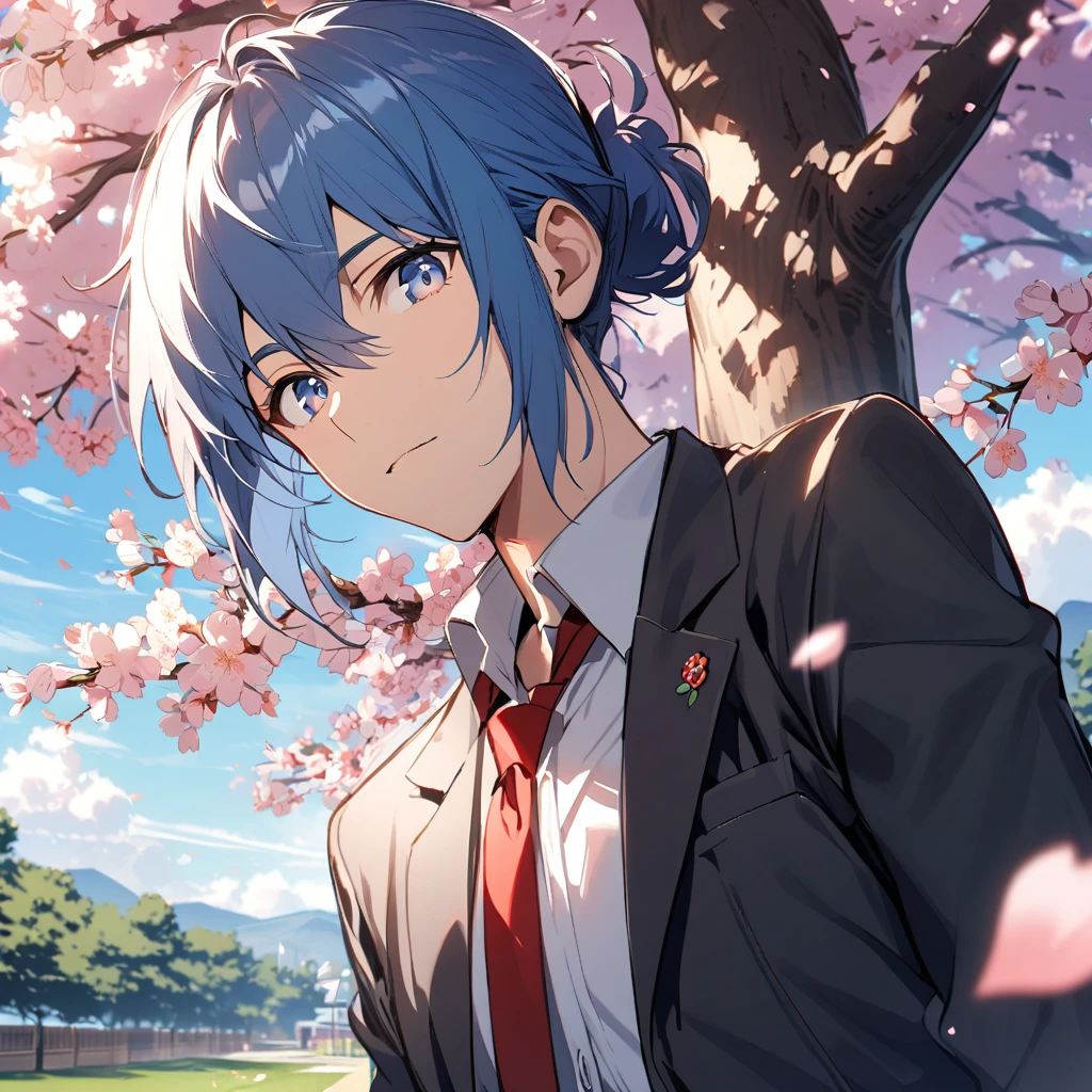 solo, looking at viewer, blue eyes, 1boy, school uniform, blue hair, upper body, male focus, outdoors, necktie, sky, day, tree, red necktie, cherry blossoms