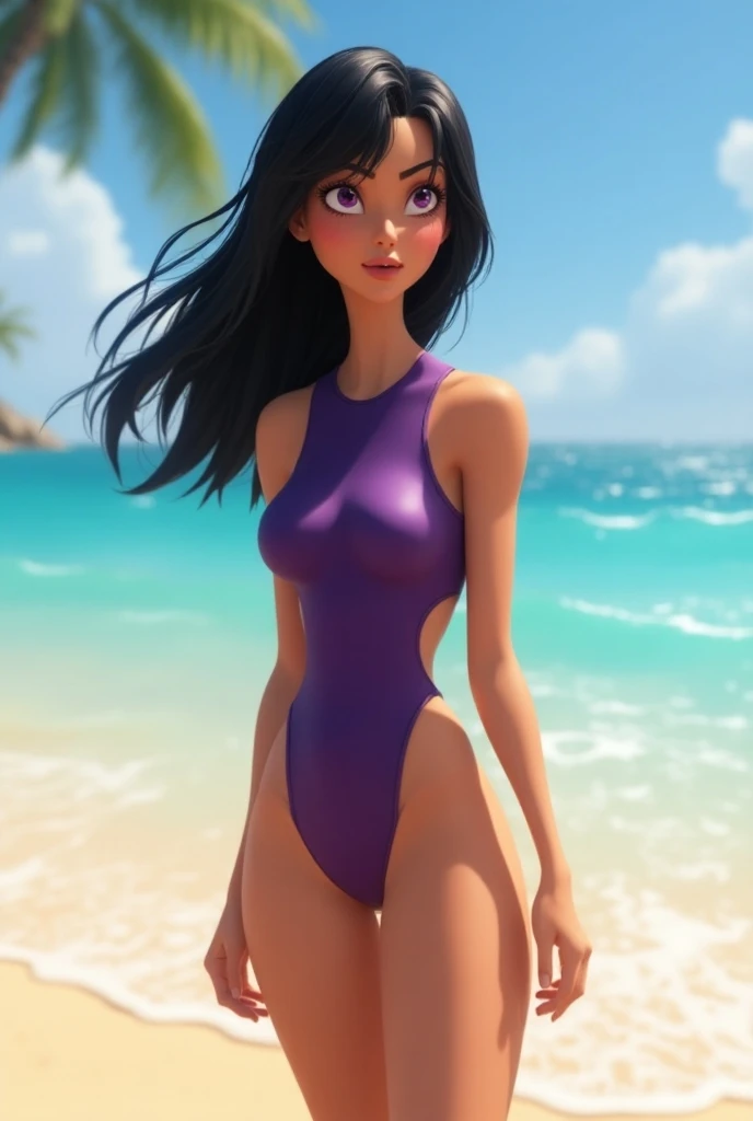 Lynn Minmay, One girl, alone, Black Hair, Cowboy Shot, Super detailed, Highest quality, masterpiece, figure, Game CG, Beach, Swimwear