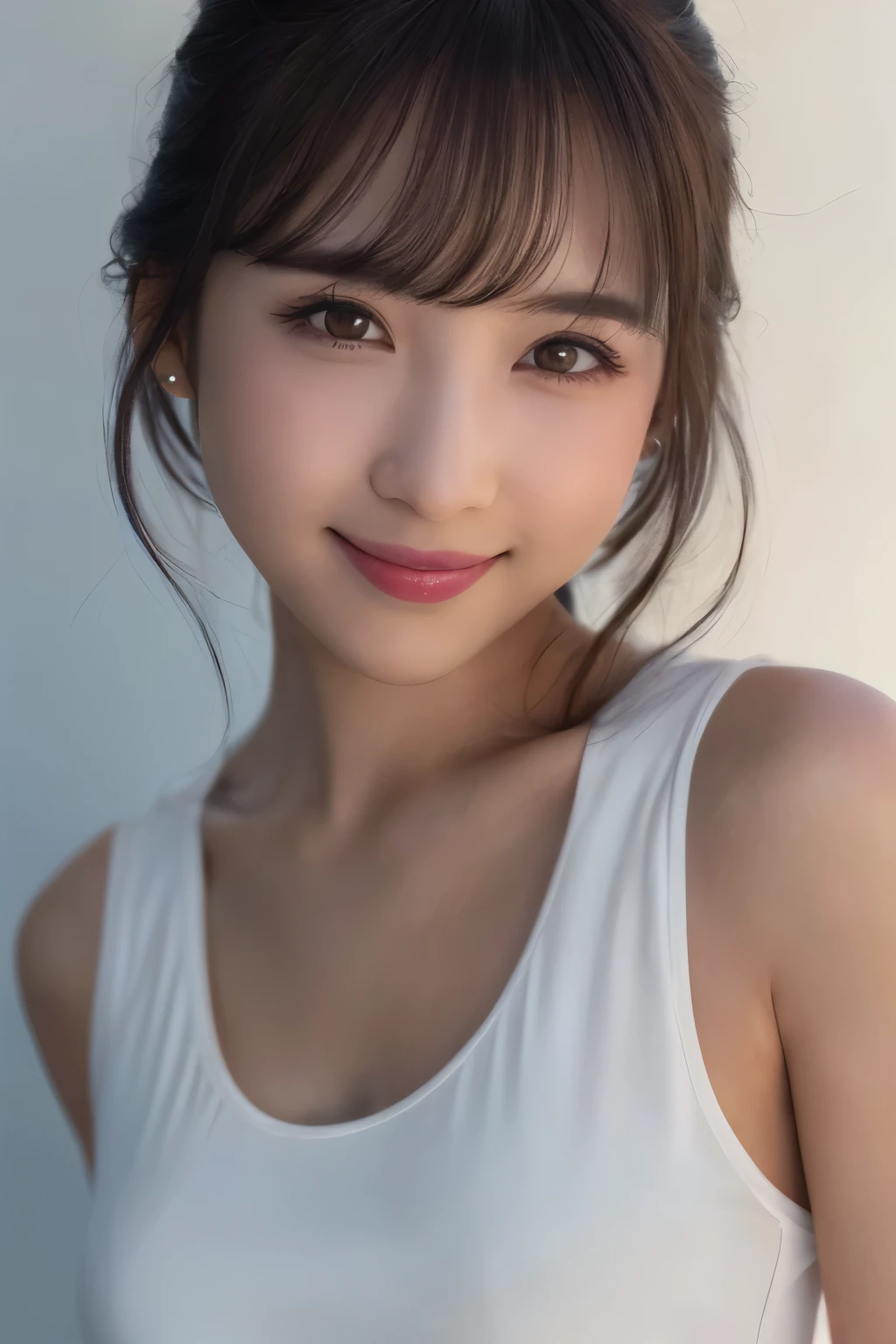 ((photorealistic:1.2)),((ultra detailed)),((sharp:1)), 1girl,24yo, solo, ((smiling)),medium brown hair, crystal clear white skin,original, realistic, looking at viewer, upper body, shirt, white shirt,lips, brown hair, parted lips, photo-referenced, real life, simple background, no makeup, pink lips, blue background, grey background, looking to the side, lipstick, dress,shadow, parted bangs.((8K)),((upper body)),((slender)),wearing w white blause