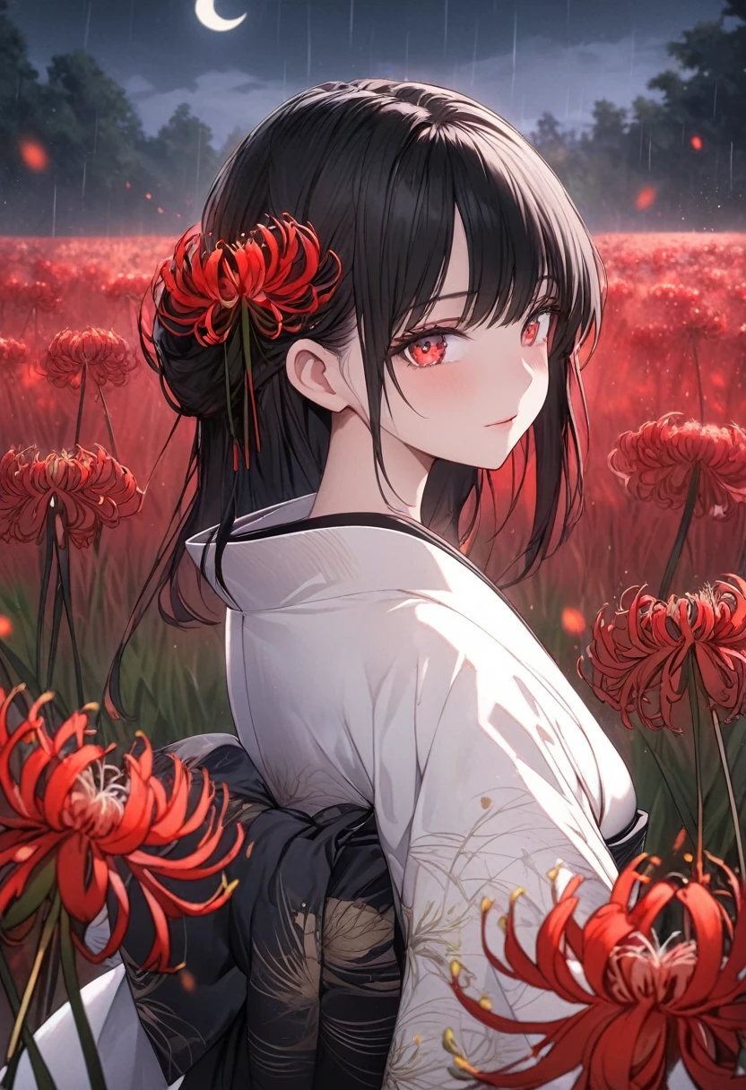 anime、((Amazingly absurd)),(masterpiece:1.2),超High resolution, Attention to detail, high quality, High resolution, 最high quality, 4K, 8k、Woman wearing white haori over black yukata, black yukata, long har , black hair, sanding in raind in a field of red spider lily, red spider lily field. rain, night, crescent moon, full body , far away shot, best face detail, black yukata, white haori, face details, red eyes, flower shaped eye Pupils, normal face.
