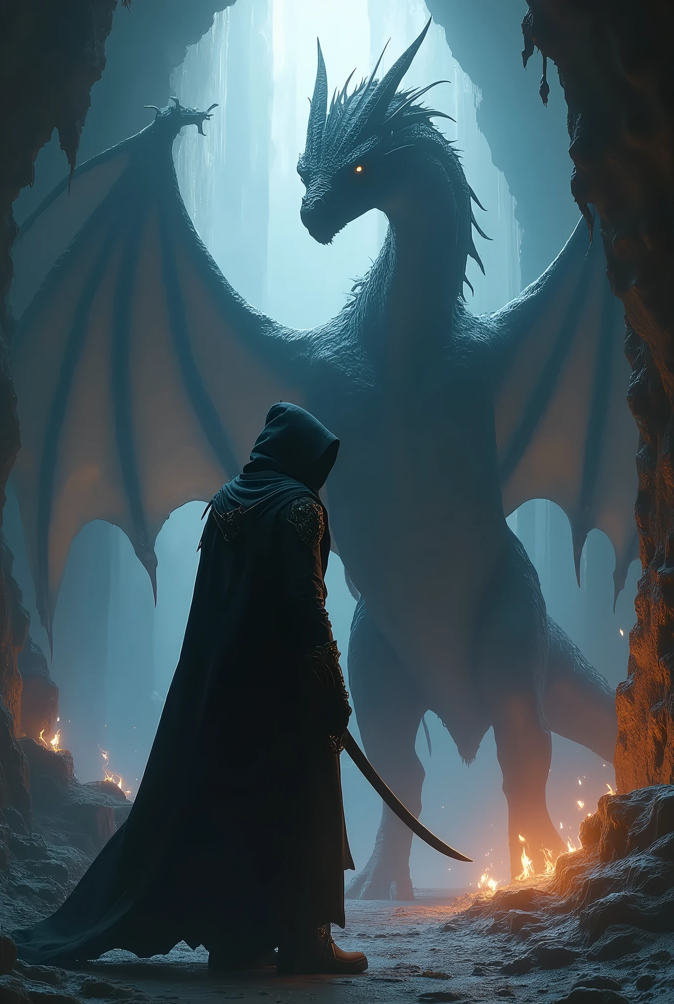  and dragon fantasy,  dressed as assassin, standing beside  dragon, in the underground world, dragon kingdom, epic fantasy