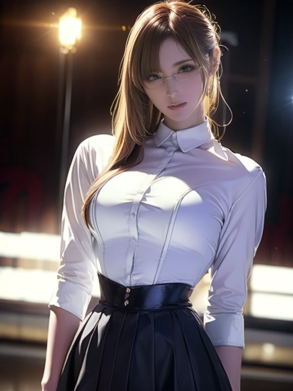 Full Body Shot、8k, masterpiece, RAW Photos,  best quality, Realistic, High-definition CG Unity 8k wallpaper,  depth of field, Cinematic Light,  lens flare,  ray tracing , (  very beautiful face  , Beautiful Lips,  beautiful eyes),  intricate detail face , ((Ultra-detailed skins)) One Girl, In the Dark, deepshadow, Cute Korean Girl,  K-pop idol ,  1 girl, (Very slim and slender fit muscular body:1.3), (( viewers)),(Big smile:1.3), ( Blurred Background),(No people in the background:1.3), beautiful earrings, bracelet, Clear Eyes, walk, (Pale skin), (Big Eyes), Look forward, (Golden bristles), (Full Body Shot), , ((Blue high waist skirt)), , ( viewers:1.3) Open chest, Very slim, medium breasts, Buttocks focus, In front of eyebrows, Thick thighs((White Shirt:1.3)), (Double Breasted, underbust:1.2), Short sleeve, Button Gap, frameless glasses , CORSET BELTS ,Beautiful shortcuts,Blonde,
