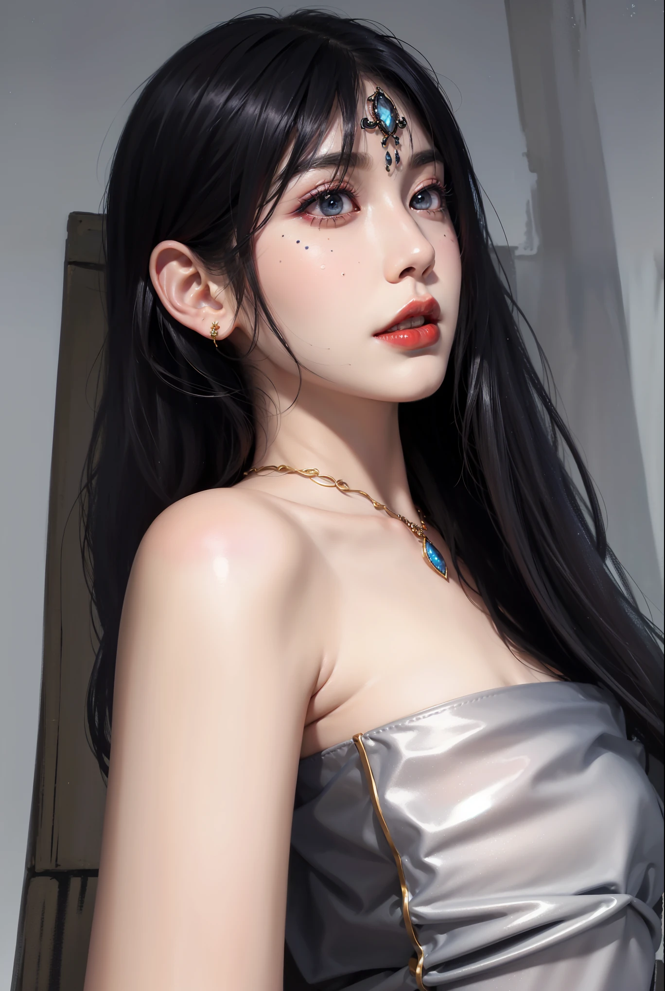 (masterpiece, best quality, 1girl, solo, intricate details, chromatic aberration), (realistic),(skin), ((breath)),(black hair,blunt bangs),detailed hair, red head ornament, blue highlights, hair over one eye,black eyes, small earrings, sharp eyes, choker,(symmetry eyes),(perfect symmetrical body), night,(((natural light))),backlighting,against grey  wall, dim lighting ,look at viewer,((centered shot, from front,(face and waist))), porn, nude, sexy, naked