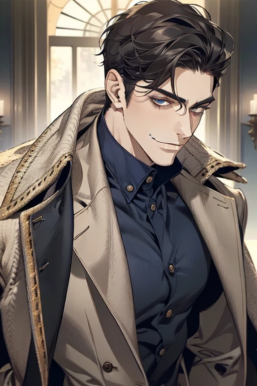 (human:1.2), highres, masterpiece, high quality, (high resolution:1.2), 1guy, solo, (Graf Granatbrown hair, brown hair, hair parted to one side, facial hair, stubble, blue eyes, sanpaku, hair over one eye), white collared shirt, exposed shirt, black pants, matching boots. dark blue coat, open coat, (coat over shoulders), gold epaulettes, muscular, sitting on bed, legs up, spread eagle position, lying back, body, (day, palace), looking at viewer, innocent face, depth of field, bokeh, detailed, highly detailed, sharp focus, intricate, smooth, elegant, fantasy, cinematic lighting, cinematic, masterpiece, matte, photorealistic, 4k, beautiful, volumetric lighting, dramatic, Gayspreadeagle,Granat<lora:EMS-253940-EMS:0.400000>, <lora:EMS-359704-EMS:0.800000>