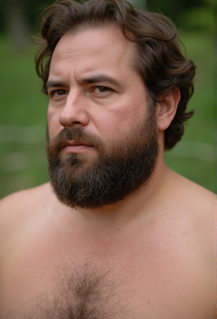 Dois homens de 50 anos, pale skin and strong, hairy chest, um musculoso com o peito peludo usando apenas uma Speedo vermelha e o outro gordinho usando regata branca e short curto, are in a forest, olhando um para o outro. Natural lighting photography effect.