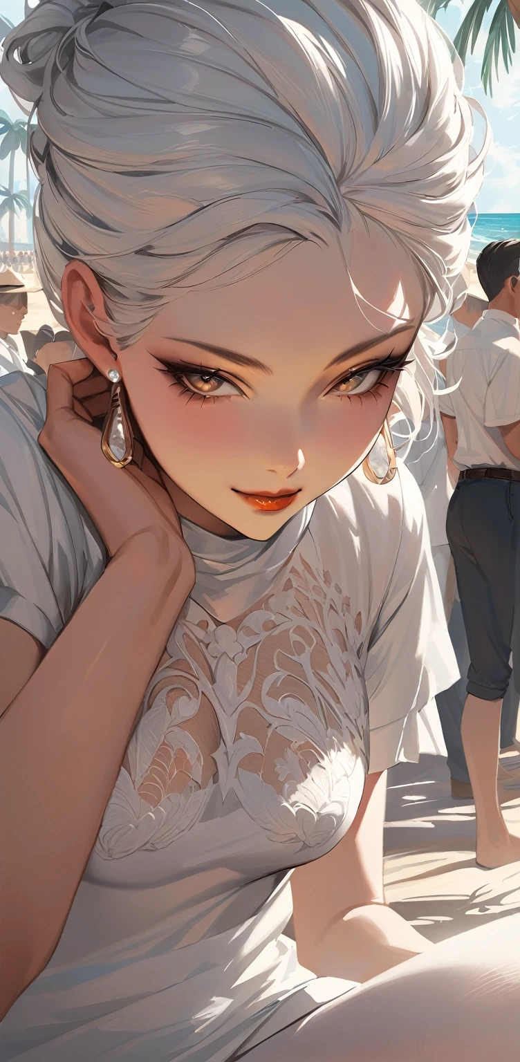 solo, full body,earrings, eyelashes, pantyhose,, (beach,(palm tree),crowd,(white shirt), floral print,red lips),sexy evocative smile,, (shiny skin:1.05),(blush:0.9),(skindentation:1.15),realistic, masterpiece, highest quality, highres,absurdres, (perfect face:1.1), (sharp focus:1.1),,  trending on ArtStation, trending on CGSociety, Intricate, High Detail, Sharp focus, dramatic,