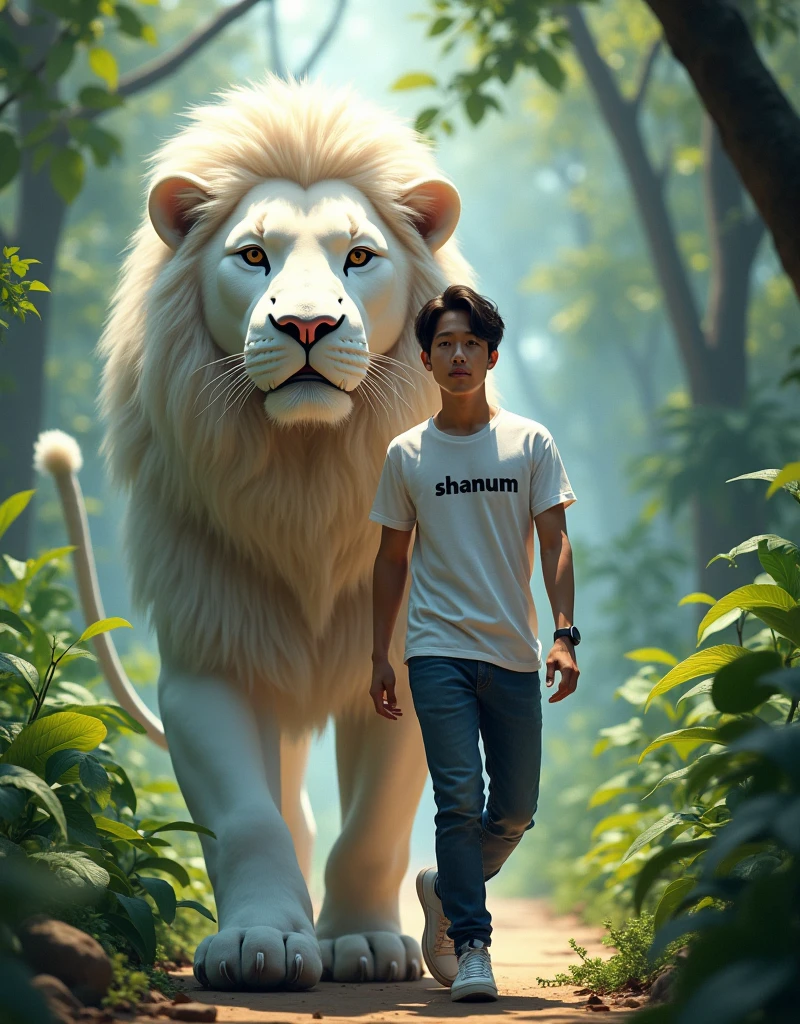 A young man handsome Indonesian black hair,walking in the natural with mountains blurred in the background. He is wearing  a white t-shirt labelled 'REI', black jeans, and black sneakers. Beside him, a large, majestic  Leon with a leash is walking calmly. The man has a confident expression, and the sunlight softly illuminates the