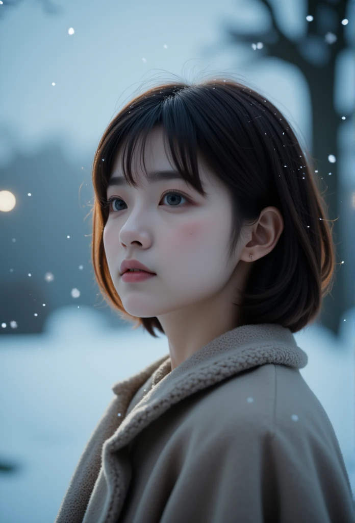 While watching the snow falling quietly. Her introspective and tearful expression、Makes you feel longing for winter nights and melancholy。。。、top-quality、hyper HD、Yoshitomo Nara, Japanese Models, Beautiful Japan wife, With short hair, 27-year-old female model, 4 k ], 4K], 27yo, sakimichan, sakimichan