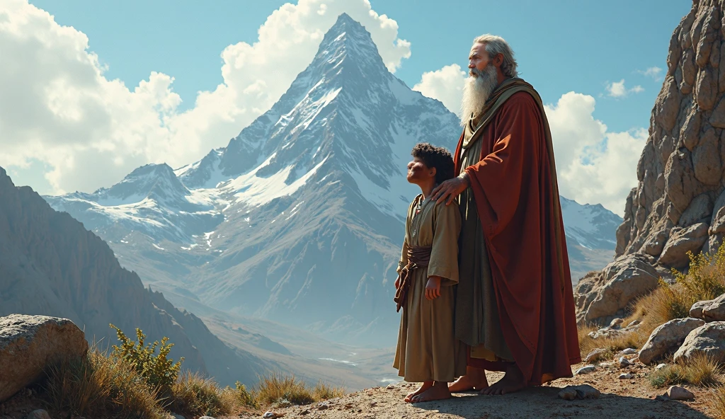 A cinematic  shot of Noah, an old man, from the ancient times, with long white hair and a beard, standing on a rocky terrain with his wife. Noah is wearing a robe. The background reveals a field landscape with mountains, trees, and a body of water. The sky is cloudy. they have 3 boy . all of them are looking to the sky, like they was hearing something from God
