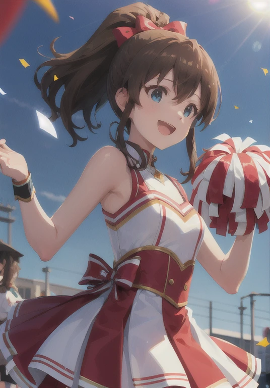  1 girl, Minaka Satake ( million people live), Brown Hair,  ponytail, ( best quality, 8k, masterpiece, Super detailed:1.2), ( lens flare, Particles of light, Sparkle),  depth of field, day, 斑点のあるday光,  1 girl, Alone, Cheerleader, Pom-pom \(Cheerleading\), Charming smile,  cinematic angle, Tilt your head,  cowboy shot, (Outdoor, street), Carousel, wind, Backlight, shadow, Confetti, :d,