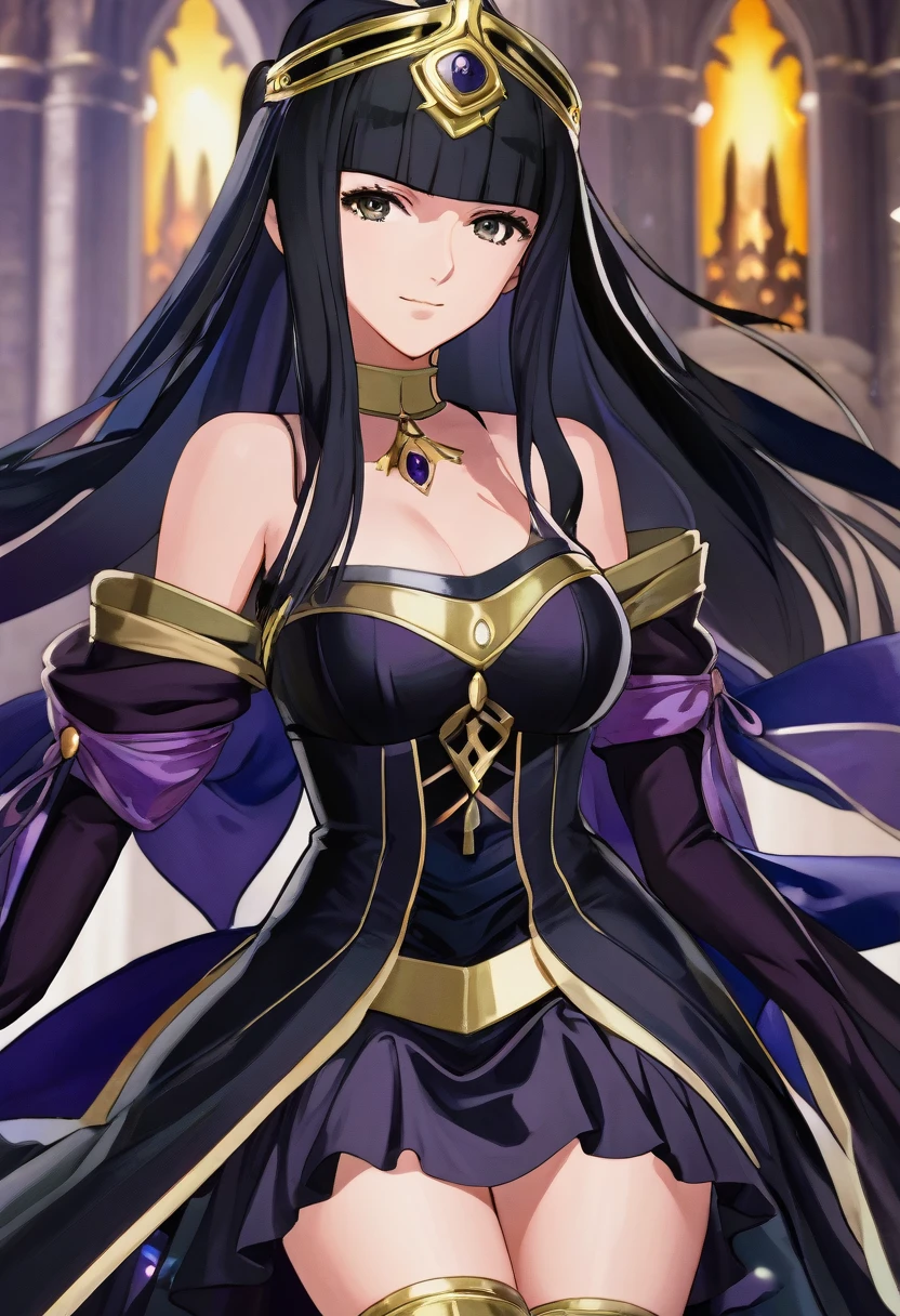 great quality ++ Extremely detailed high resolution, very aesthetic, expressive eyes, (((Perfect face))), (((symmetrical face))), (((Good anatomy)), (((perfect hands))), (((8k)))), UHD, HD Wallpaper, (((high detailed calidra, (((1girl)))), ((((full body)))), fire emblem, Fire Emblem Awakening, (((Tharja)))), Lucina Fire Emblem Awakening, ((((Yandere face)))), ((((Midnight black dress with bare shoulders that perfectly hugged her slender figure and then descended to a flowing floor-length skirt)))), (((The sweetheart neckline was adorned with sparkling sapphires in harmony with the jeweled tiara))), (((Majestic ballroom Eveninajestic Castle))), (((huge breasts)))), (((Innocent smile))), ((((saluting)))),