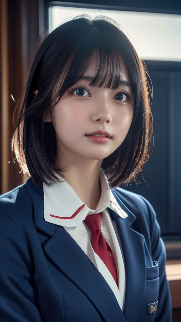 ((masterpiece,  best quality,   High Resolution  )),   Japanese High School Girls  、(Realistic: 1.4), smile、Pointed Mouth、With a pout、Great face,Glossy wet lips 、age 15、Short Bob、(Beautiful Hair:1.5), uniform、( navy blue blazer 、 navy blue jacket)、( White blouse)、( red tie )、( VERY SHORT PLEATED MINI SKIRT)、Beautiful body、Beautiful ass、  Beautiful Thighs、Beautiful legs、In the bedroom、 staring in the sky 、 side angle 、   highly detailed CG synthetic 8K wallpaper ,   High resolution RAW color photos,   professional photography, Light, BackLight, Dreamy, Impressive,    Depth of Written Boundary  , ( Upper body close-up :1.5)