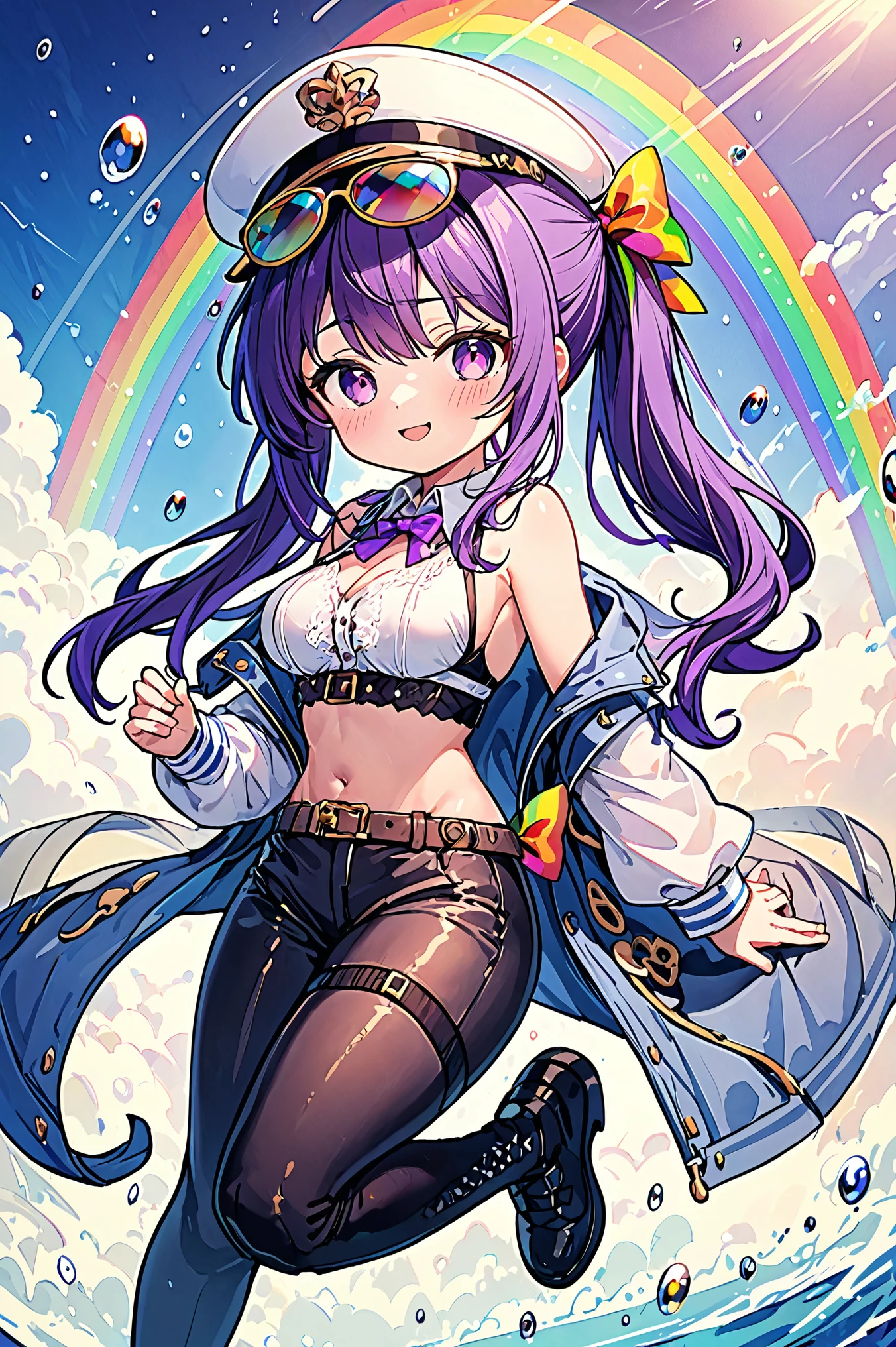 (solo),1girl\(smile,(muscular:0.7),sexy, Adult, cute,(Chibi), full body, big Eyes\(purple\), long hair, (Purple hair:1.4), [(gradient hair from dark-purple to white :1.4):0.6], 1ponytail, big (Rainbow-colored bow:1.4) ,Leather Belt, ((white:1.2) Shirts\(sleeveless, Collar\):1.3), open cleavage, (over knee Socks\(fishnet,with lace garter belt\):1.2), short boots\(outdoor, leather, Brown\), (white Captain Hat:1.2)\((sunglasses\(Reflects transparent iridescent colors\) on hat:1.5)\),open stomach, (black Pants\(bikini\):1.3),navy blue Jacket\(long-sleeve, on Shoulder,\), (abs:0.8), Gloss Skin,Skin color light-brown\), background\(airship in the sky\), BREAK ,quality\(8k,wallpaper of extremely detailed CG unit, high resolution, top-quality, top-quality real texture skin, hyper realistic, increase the resolution, RAW photos, best quality, highly detailed, the wallpaper,golden ratio,high saturation realism, vibrant colors, dramatic lighting, persuasive storytelling, atmospheric scenery, captivating visuals, intricate details, strong emotions,dreamlike world\),(dynamic angle:1.2)