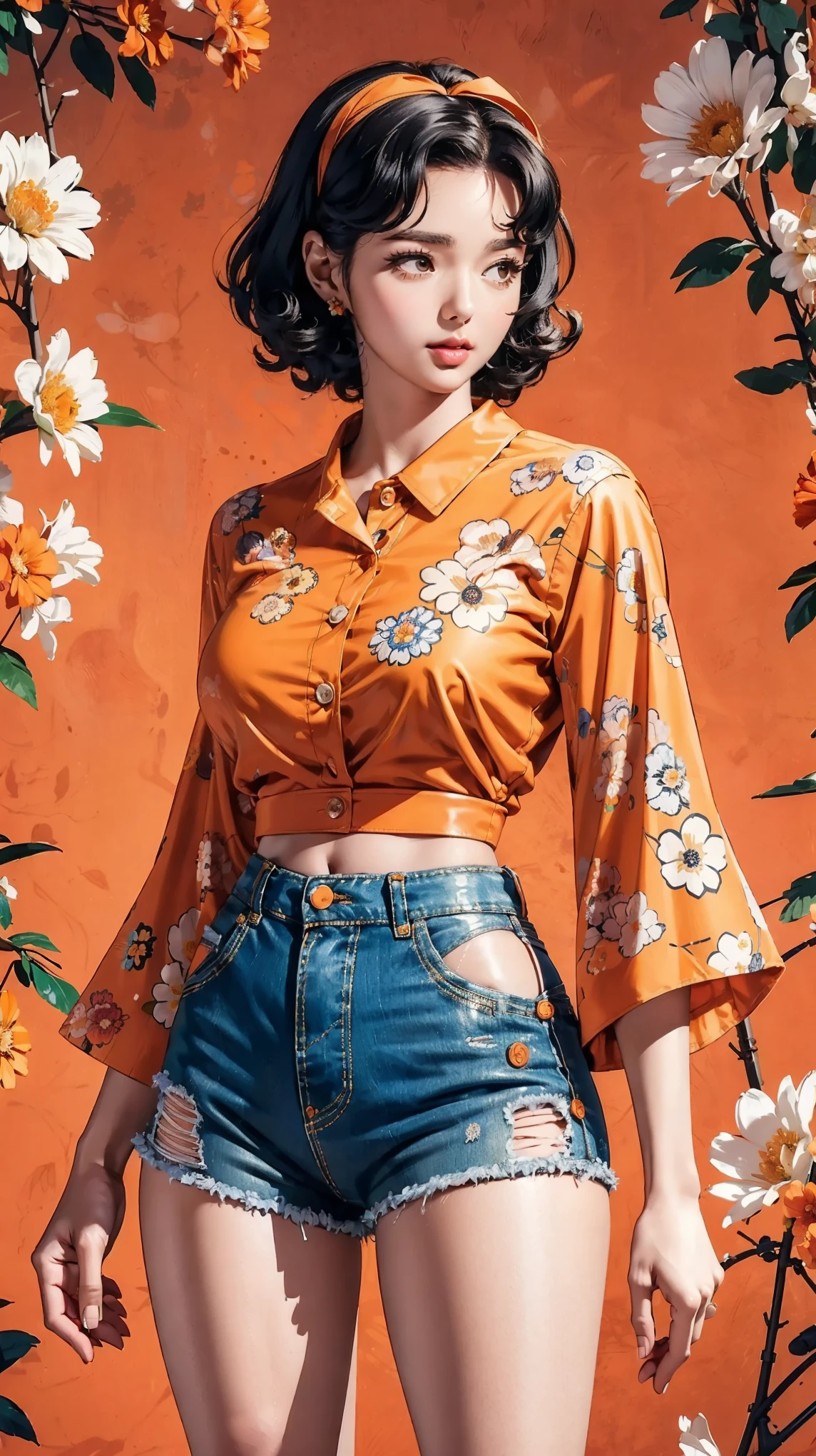 (((Masterpiece))), a top influencer woman, top quality, super detailed, cute and spunky, retro 60's style, fair skin, short curly black hair with flower clips, orange button up crop top transparent floral print sleeves, brown high waist button up shorts, retro background
