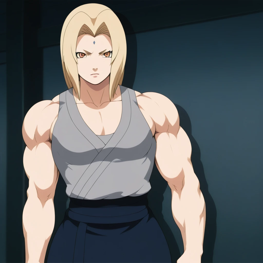 muscular girl, ((((huge)))) girl, (((((flat))))) chest,((((((wide)))))) shoulder, 1girl, ((((thick)))) neck, (((((wide))))) pecs, ((((muscular, muscle, big girl, fat, thick arms, (((large))) torso, pectorals, lat, ((((huge)))) hip)))), straight waist, upper body, anime, japanese anime, japanese animation, tsunade, naruto, blonde hair, konohagakure no sato, hair over one eye, detailed eyes, detailed mouth, detailed face, detailed faceline, best quality, masterpiece, intricate details, detailed, professional, front view, Upper pectoralis major, Middle pectoralis major, Lower pectoralis major, Trapezius, deltoid, anterior deltoid, middle deltoid, posterior deltoid, Biceps, Biceps long head, Biceps short head, Triceps, Triceps medial head, Triceps Lateral Head, Triceps long head, Sternocleidomastoid, Platysma, Forearm Muscles, Serratus anterior, Oblique abdominal muscles, Rectus abdominis, abs, Transverse abdominis, Gluts, gluteus maximus muscle, Gluteus medius muscle, Tensor fasciae latae muscle, quads, Rectus femoris muscle, Vastus lateralis muscle, Vastus intermedius muscle, Vastus medialis muscle, hamstring, Biceps femoris muscle, Biceps femoris long head, Biceps femoris short head, Semimembranosus, Semitendinosus, Adductor magnus muscle, surae muscle, Triceps surae muscle, Gastrocnemius muscle, Soleus muscle