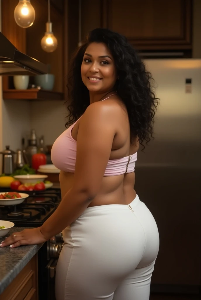 Sri lankan girl 23 years old curvy body sexy figure fat body hairbun wearing tight shorts and t shirt at kitchen
