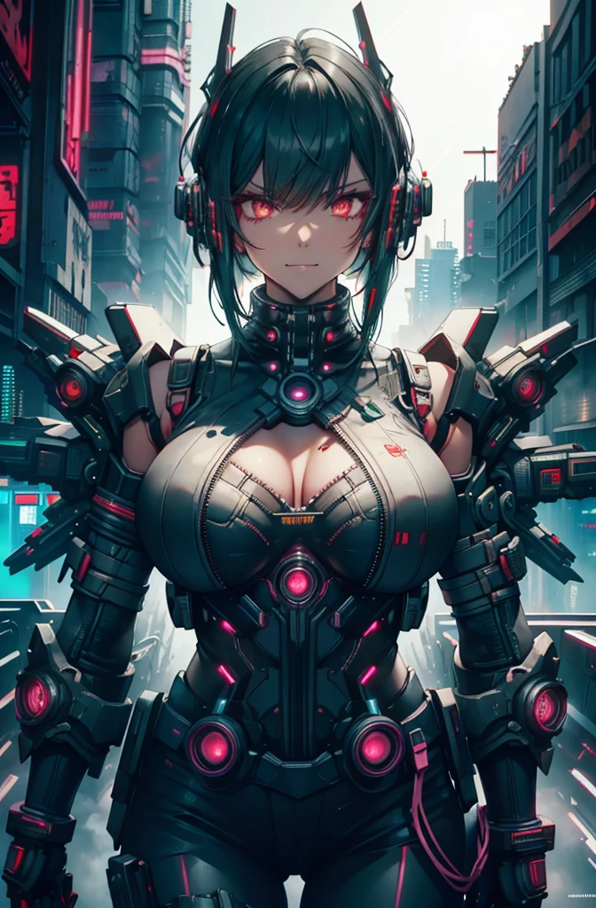 Beautiful woman, perfect eyes, looking at camera, evil smile, anti hero wearing black and red uniform, black skin,tan, short green hair, horns, (((cyberpunk city in the background))), soft bokeh of futuristic city, Intricate, High Detail, Sharp focus, dramatic and photorealistic painting art, enourmus tighs, big breast, shoulder pads, heavy chest plate, fang, giga breast