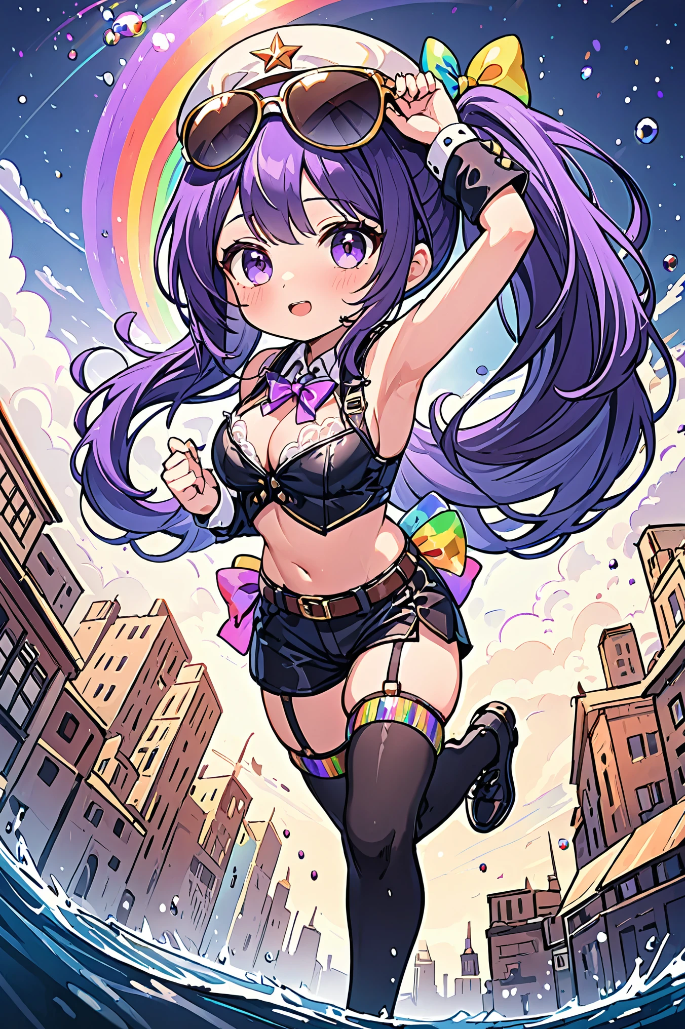 (solo),1girl\(smile,(muscular:0.7),sexy, Adult, cute,(Chibi), full body, big Eyes\(purple\), long hair, (Purple hair:1.4), [(gradient hair from dark-purple to white :1.4):0.6], 1ponytail, big (Rainbow-colored bow:1.4) ,Leather Belt, ((white:1.2) Shirts\(sleeveless, Collar\):1.3), open cleavage, (over knee Socks\(fishnet,with lace garter belt\):1.2), short boots\(outdoor, leather, Brown\), (white Captain Hat:1.2)\((sunglasses\(Reflects transparent iridescent colors\) on hat:1.5)\),open stomach, (black Pants\(bikini\):1.3),navy blue Jacket\(long-sleeve, on Shoulder,\), (abs:0.8), Gloss Skin,Skin color light-brown\), background\(airship in the sky\), BREAK ,quality\(8k,wallpaper of extremely detailed CG unit, high resolution, top-quality, top-quality real texture skin, hyper realistic, increase the resolution, RAW photos, best quality, highly detailed, the wallpaper,golden ratio,high saturation realism, vibrant colors, dramatic lighting, persuasive storytelling, atmospheric scenery, captivating visuals, intricate details, strong emotions,dreamlike world\),(dynamic angle:1.2)