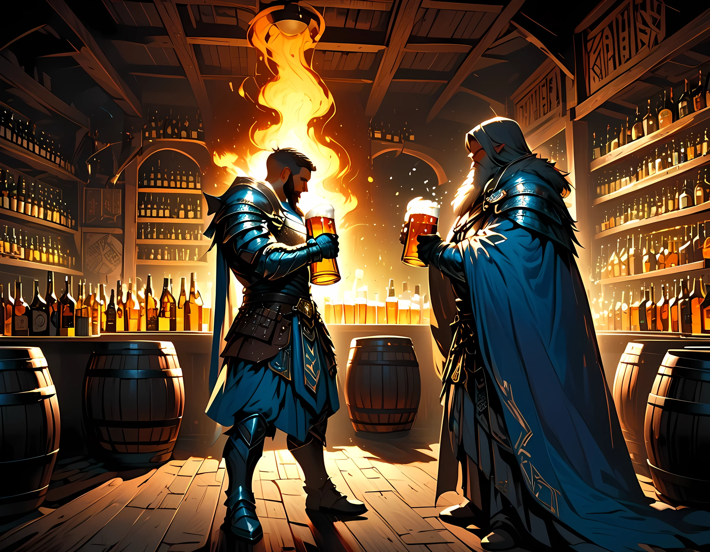 comic art, fantasy art, arafed, a picture of an armored dwarf fighter in a bar drinking from a foaming mug of beer, the mug has magical runes, glowing runes, fantasy bar, many bottles of ale, beer barrels, torch light, a sense of victory, happiness, mirth, cinematic lighting, dim light, full body, silhouette, from side, Ultra-Wide Angle, retina, UHD, best quality, 16k, highres, high details, mythp0rt, Cinematic, Cinematic Shot, Glowing Runes