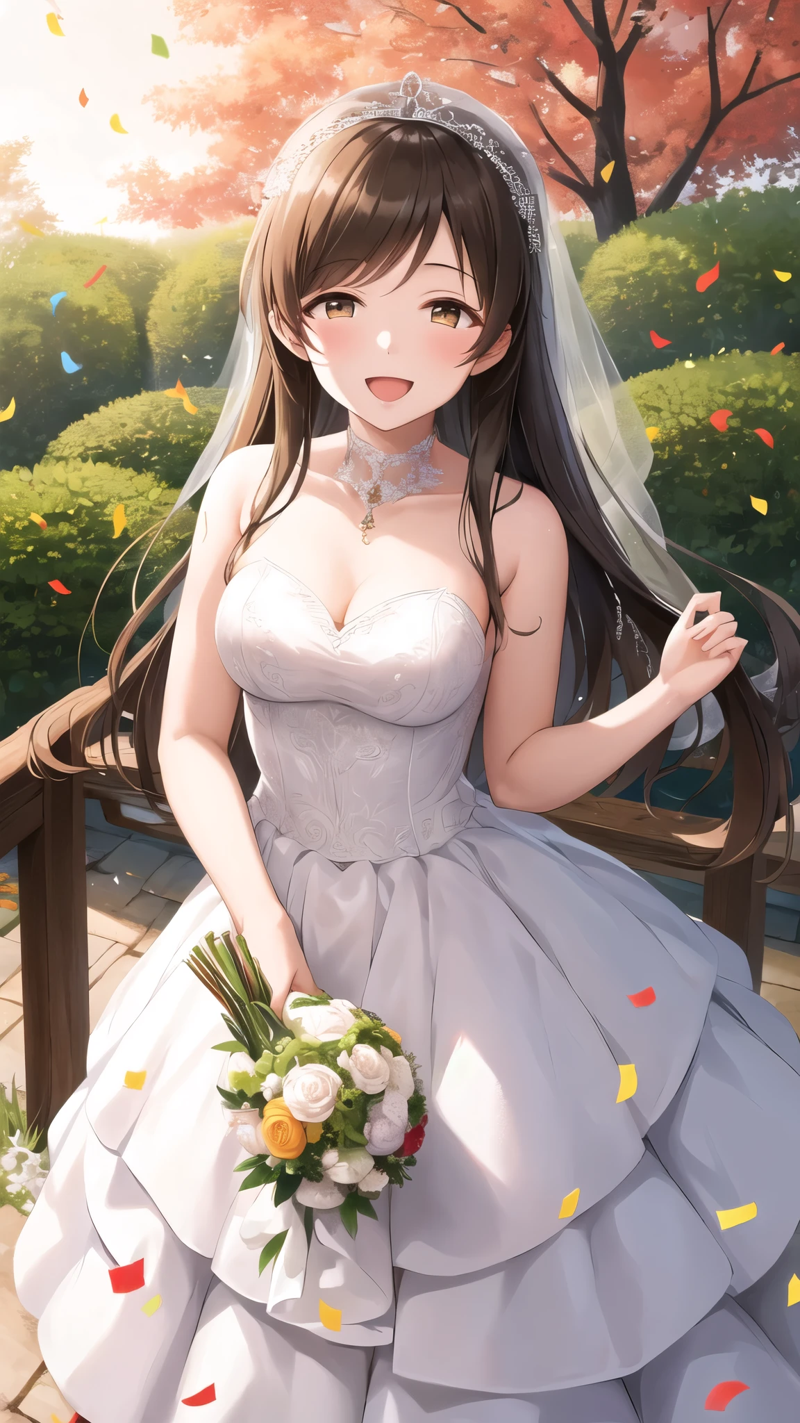 aanitta, long hair, medium breasts, wedding dress, standing, garden, confetti, holding bouquet, smile, open mouth,