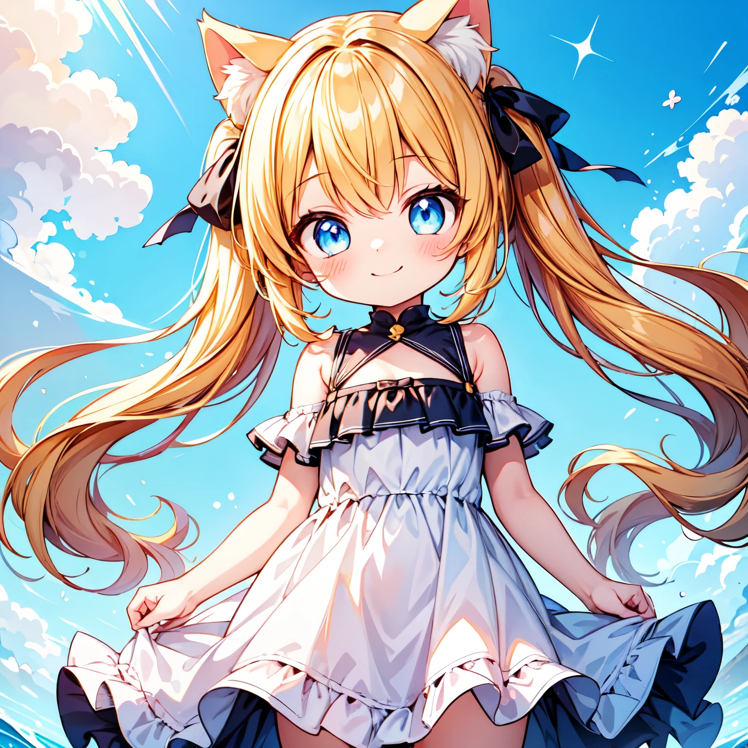 Girls,  high resolution, Long hair, Flat chest, Blonde hair, pigtail, Cat ears,  blue eyes , smile, Hair Ribbon, Anime, White dress