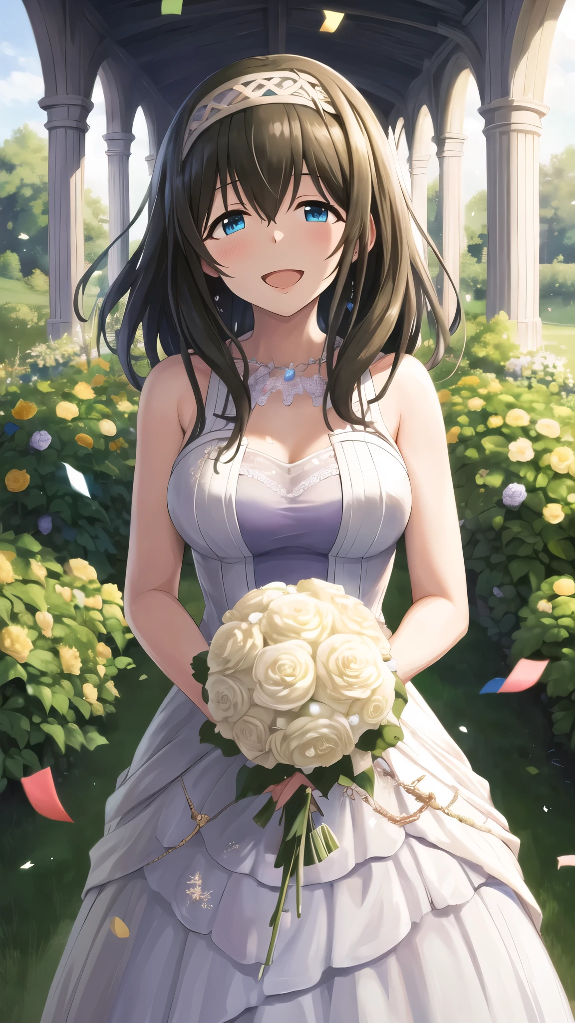 masterpiece, best quality, highres, aafumika, idolmaster, long hair, hairband, wedding dress, standing, garden, confetti, holding bouquet, smile, open mouth, 