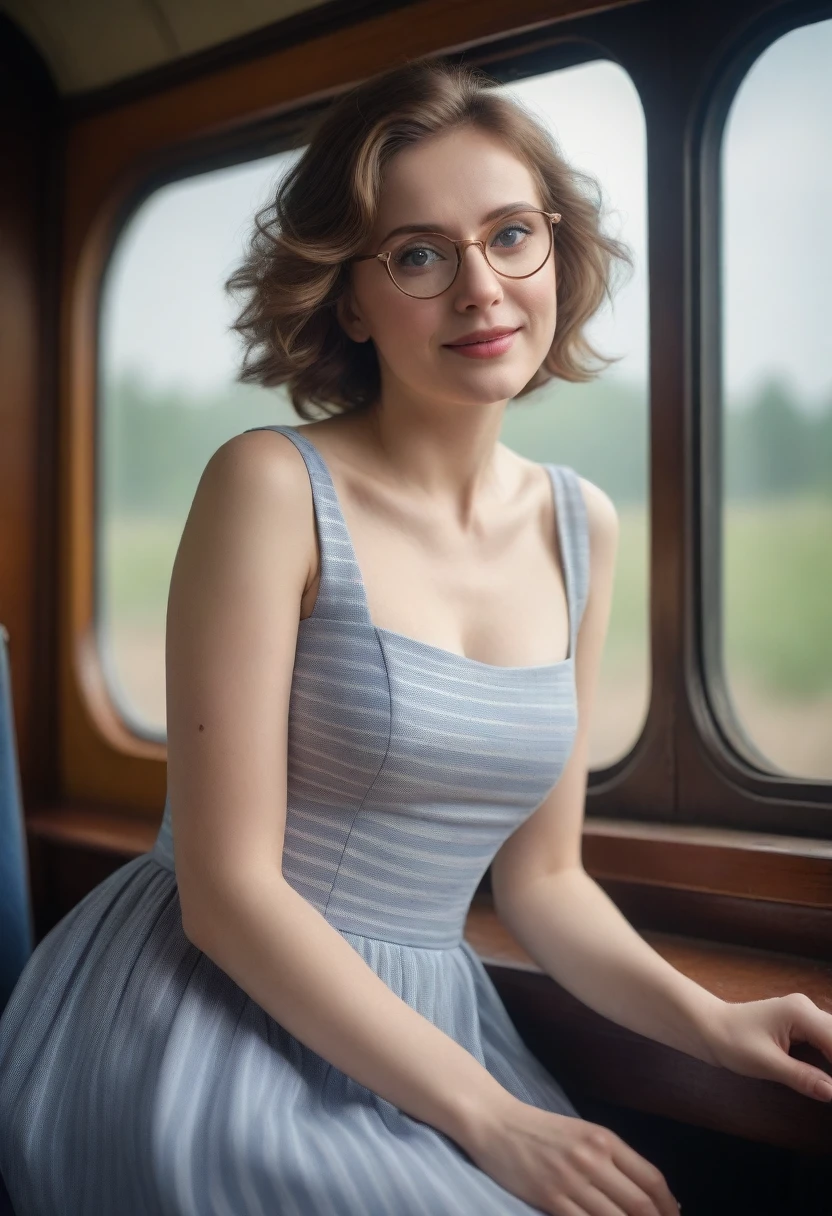 (Best quality, Ultra detailed, Golden ratio, Masterpiece:1.2), Theatrical lighting:0.7, Photo of a woman, dressed in a very elegant and pretty dress, Perfect rare face, (Highly detailed skin), randomly dye hair, skin texture, Pale skin, shiny skin, (thin, large size:1.5), [:(Sharp focus on rare face, perfect eyes:1.5):0.2], photorealistic, film grain, Put one foot forward, from below looking up, look at camera, Emphasize the shoulders, Focus on face, Stockings, glasses, Smile with corners of mouth raised, disdainful expression, summer haze, muted colors, muted warm colors, Photo cinematic portrait of a woman dressed in a striped dress sitting by the window in the early morning, cinematic, (tilted:1.3) (on an old train) look cautious, standing under a spotlight, volumetric dust clouds, key light, backlight, soft natural lighting, photography Film grain ISO 600 30 mm lens RAW f1.8 aperture, highly detailed (analog photography:1), colors hdr