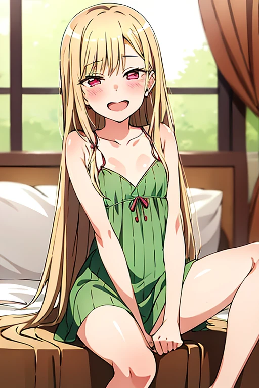 ((Best Quality)), ((masterpiece)), (be familiar with),  perfect face, indoor, bedroom,  viewers,
One woman, Kitagawa Marin,
Open Mouth, Ecstatic expression, blush, smile,
Small breasts,  flat chest, , , , Girl,
Long Hair, Long Hair,
Leg spread,