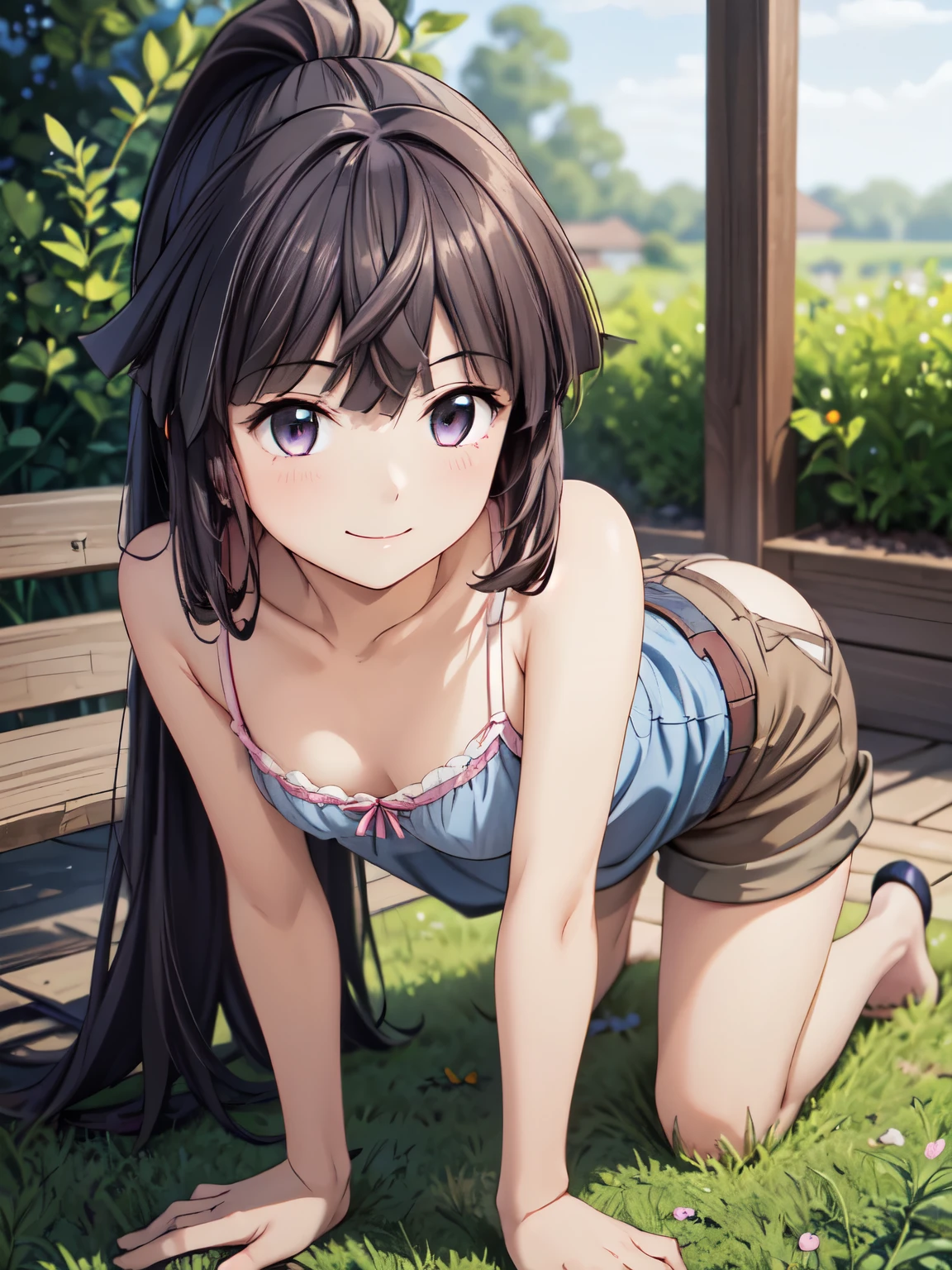  very detailed,  High Resolution ,[8K images:1.15],garden、Standing、全体的にLong Hair、Closed Mouth、 1 girl, smile, dawn_Log Horizon,  camisole、 shorts 、Long Hair,  Black Hair 、Bright eyes that stare at the viewer, whole body, smile、 cowboy shot、4K,8k,Extremely detailed CG、 High Resolution 、超 High Resolution ,  perfect lighting, Extremely detailed CG、  physically-based rendering (Genuine、Realisticな、Realistic)、( animated illustration style )、 shorts 、 on all fours 