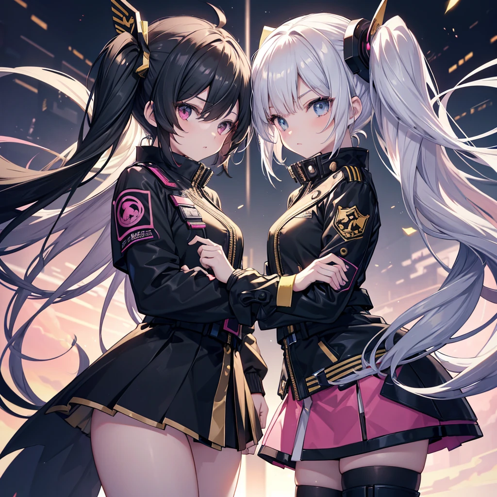 best quality,8K,masterpiece,beautiful girlゲーム,smile,two girls,One side turns its butt forward,smile,beautiful girl,leather jacket,Latest Fashion,beautiful girl,costume,light-novel,Isekai Fantasy,Magical girl,big breasts,Future fashion,uniform,blazer,mini skirt,horny girl,Ribbon on uniform,Outstanding style,multicolored clothes,Beautiful girl with psychic powers,long hair,Multicolored hair colors,highest quality,perfect face,hyper real stick,perfect girl,