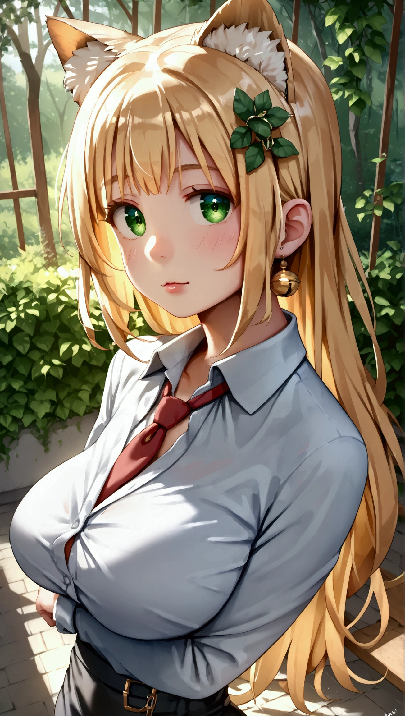 score_9, score_8_up, score_7_up, 1girl, solo,CedarP, scenery, (big breasts:0.8). (wide thighs:1.2), (wide hips:1.1), (mature woman:1.1), (detailed eyes), Immerse yourself in the elegance and sophistication of a beautiful blonde girl with green eyes. 8K, (beautiful female), (cat mouth:1.2), clear face, cat ears, Shiny hair, view from above, thighs, business wear, black skirt 