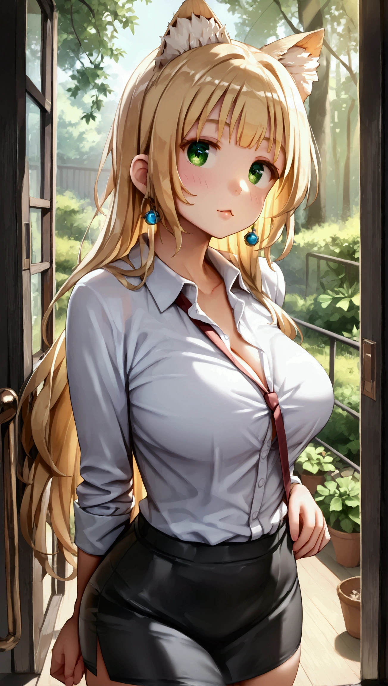 score_9, score_8_up, score_7_up, 1girl, solo,CedarP, scenery, (big breasts:0.8). (wide thighs:1.2), (wide hips:1.1), (mature woman:1.1), (detailed eyes), Immerse yourself in the elegance and sophistication of a beautiful blonde girl with green eyes. 8K, (beautiful female), (cat mouth:1.2), clear face, cat ears, Shiny hair, view from above, thighs, business wear, black skirt 