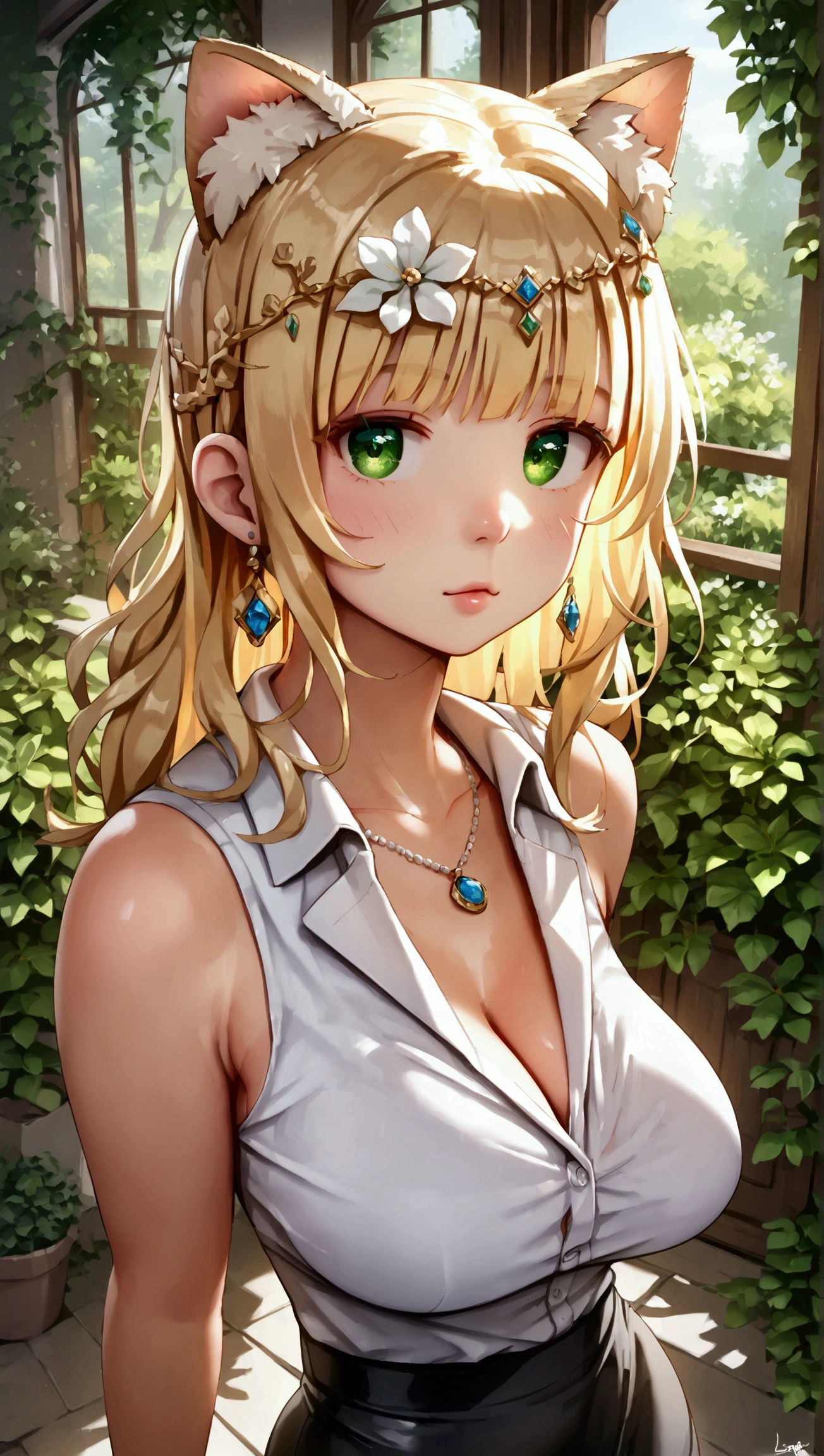 score_9, score_8_up, score_7_up, 1girl, solo,CedarP, scenery, (big breasts:0.8). (wide thighs:1.2), (wide hips:1.1), (mature woman:1.1), (detailed eyes), Immerse yourself in the elegance and sophistication of a beautiful blonde girl with green eyes. 8K, (beautiful female), (cat mouth:1.2), clear face, cat ears, Shiny hair, view from above, thighs, business wear, black skirt 