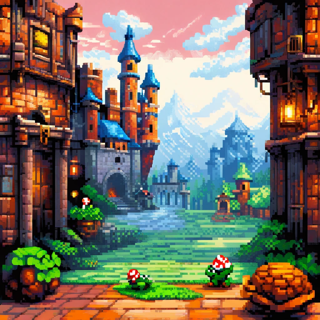 Super Mario, pixel art, princess Peach, koopa castle background, ridding yoshi, Luigi, big characters