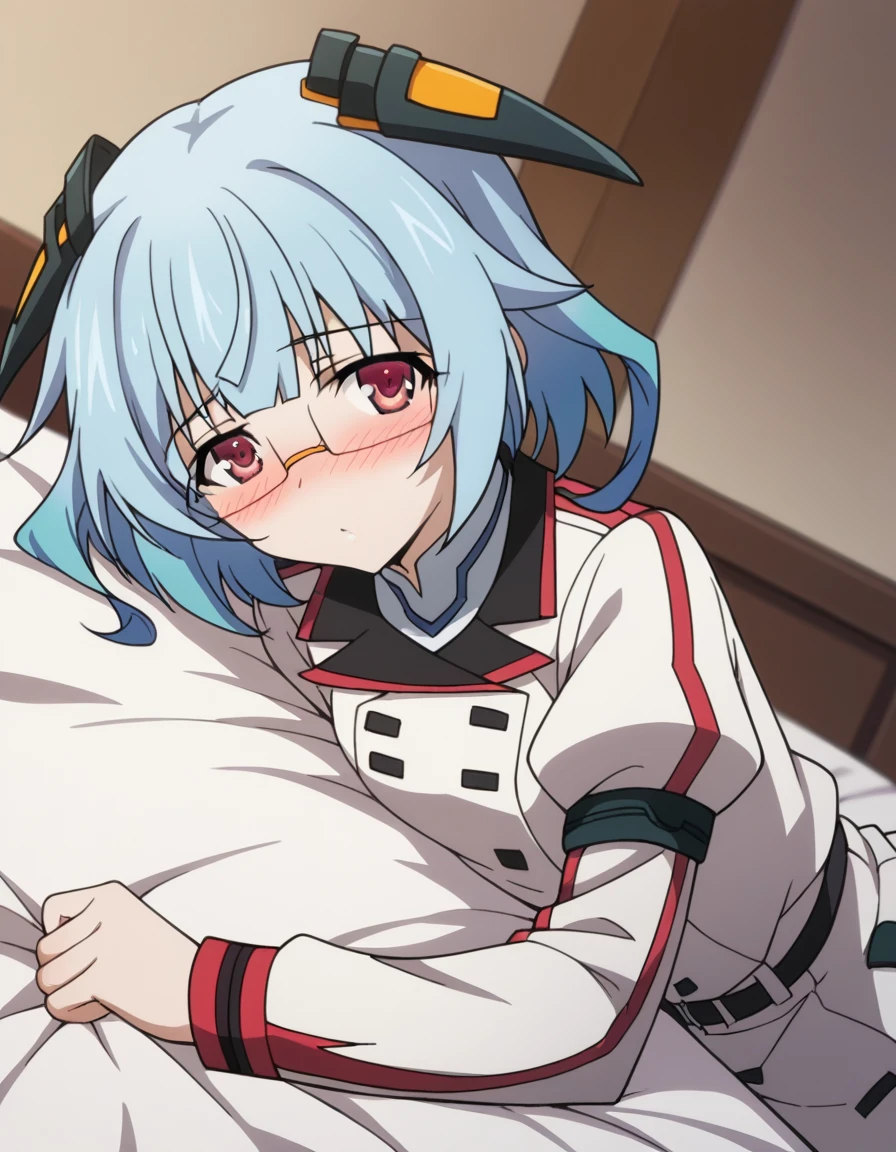 score_9, score_8_up, score_7_up, source_anime,
kanzashisarashiki, kanzashi sarashiki, red eyes, blue hair, glasses, semi-rimless eyewear,
school uniform, ribbon, blue ribbon, long sleeves, red trim, uniform, military uniform, white military uniform,
indoors, bed, bed room, on side, blush, drunk,
looking at viewer, cowboy shot, solo, dutch angle,