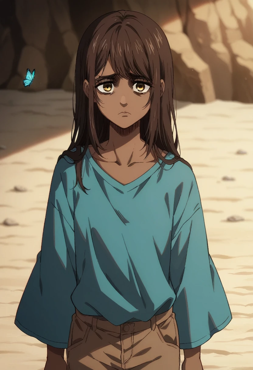 Screenshot from studio MAPPA anime style Attack on Titan,Symbolic, Sad and sentimental of an adult and serious woman with Polish and German appearance ((Large, wide and long hair, dark caramel brown, wavy, loose, Hairstyle in front Long side bangs hairstyle to the right side)) (( Two Eyes Amber Yellow) ) ((Cyan blue Sweatshirt with wide sleeves and V-neck)) ((brown pants))In a dark cave, and the blue light reflected in the sand, A butterfly with bright blue, green, and purple wings, flying above her,