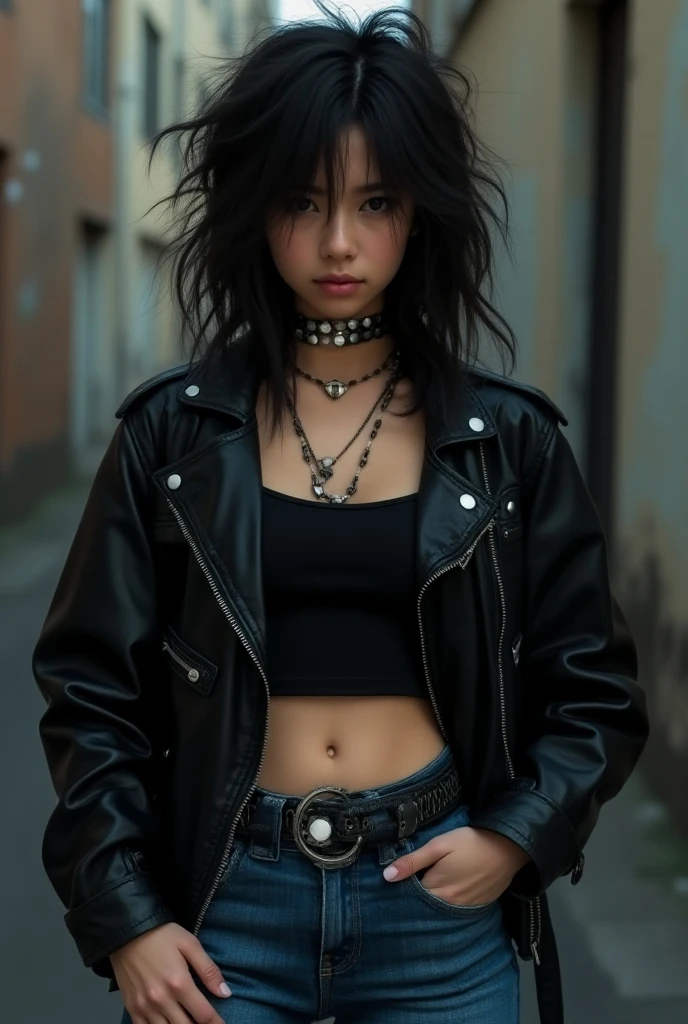 1girl, punk rock girl, cute japanese, 18yo, Mohican, Wacky punk hair, silver hair black inner color, Fancy makeup, (((flat chest))), slender, slim, Black leather Vest with numerous studs, ((exposed small breasts)), ((showing small breasts)), Leather shorts, Punk rock fashion, Carrying the guitar case on your back, Downtown Tokyo, Sunset