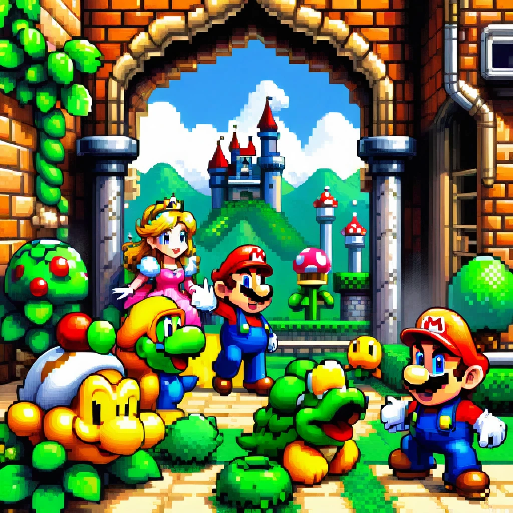 Super Mario, pixel art, princess Peach, koopa castle background, ridding yoshi, Luigi, big characters