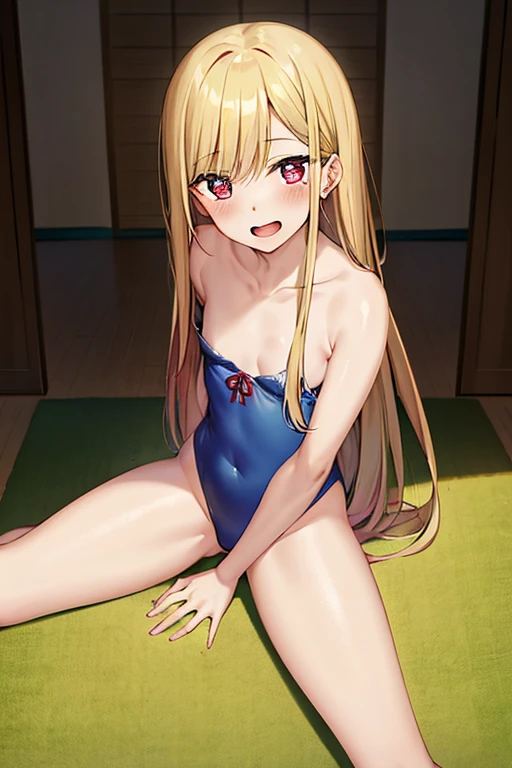 ((Best Quality)), ((masterpiece)), (be familiar with),  perfect face, indoor, bedroom,  viewers,
One woman, Kitagawa Marin,
Open Mouth, Ecstatic expression, blush, smile,
Small breasts,  flat chest, , , , Girl,
Long Hair, Long Hair,
Leg spread,