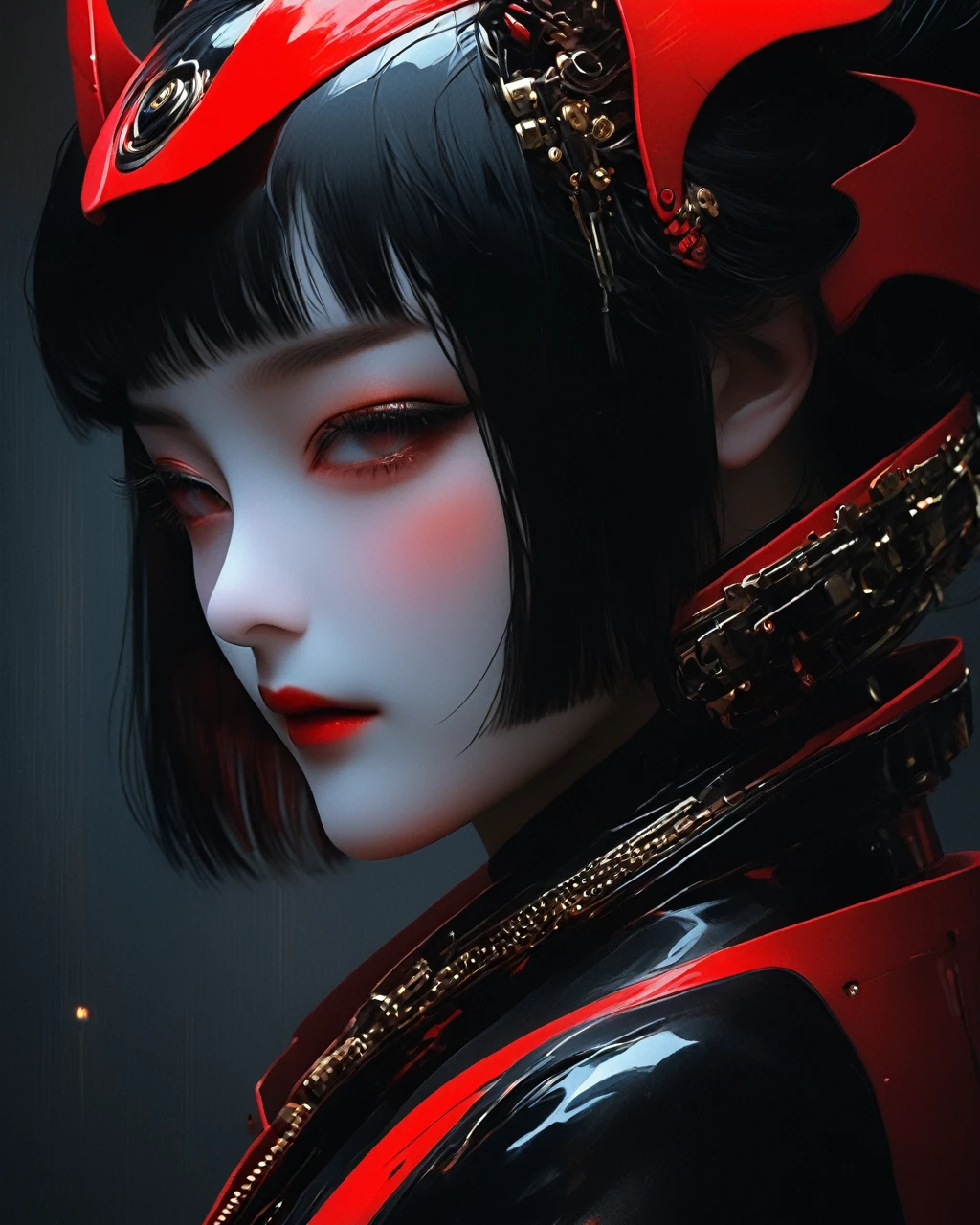 Japan girl, black hair,zipper detail,long red neck high thigh stockings,geisha art,robotic mechanical arm,color gradient,best quality,4k,8k,highres,masterpiece:1.2,ultra-detailed,realistic,photorealistic,photo-realistic:1.37,HDR,UHD,studio lighting,ultra-fine painting,sharp focus,physically-based rendering,extreme detail description,professional,vivid colors,bokeh,dark fantasy,concept art