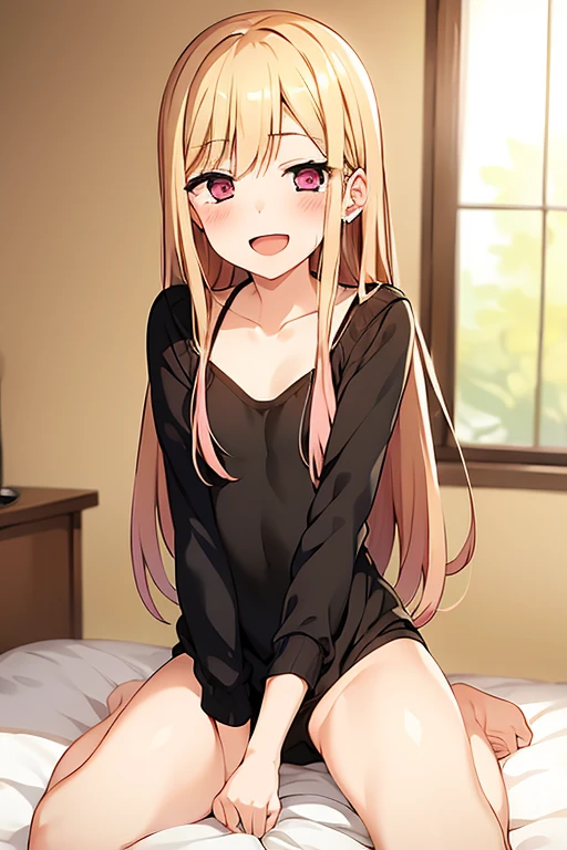 ((Best Quality)), ((masterpiece)), (be familiar with),  perfect face, indoor, bedroom,  viewers,
One woman, Kitagawa Marin,
Open Mouth, Ecstatic expression, blush, smile,
Small breasts,  flat chest, , , , Girl,
Long Hair, Long Hair,
Leg spread,