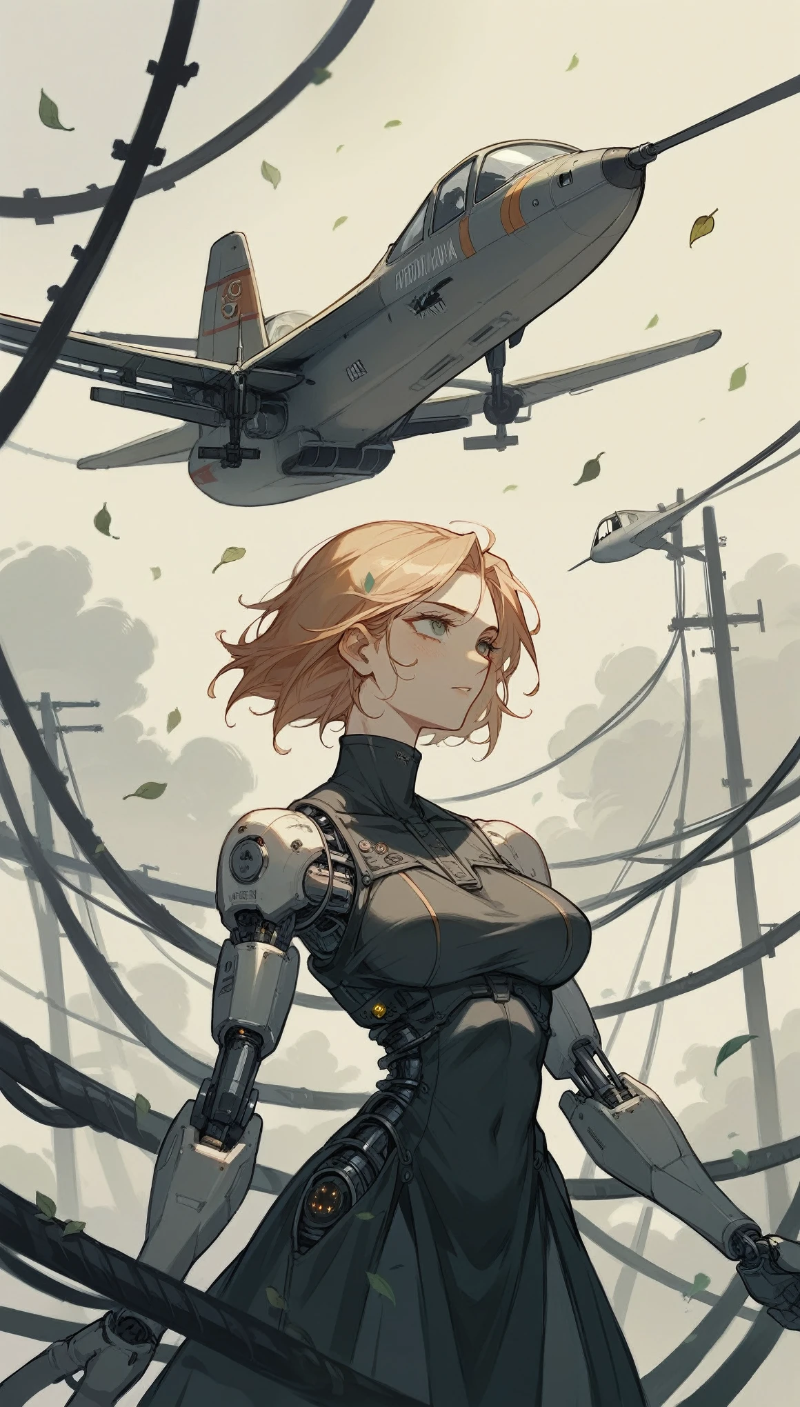  full plane from head to toe , plano general:1.4, (beautiful cyborg woman ) bold, Menacing gaze.  she is half in profile the image can be seen from head to toe, there is wind,  leaves fly and some dust ,  she wears gothic clothes ,  with mechanical body parts ,  cables terminal circuits ,  she looks at the horizon 