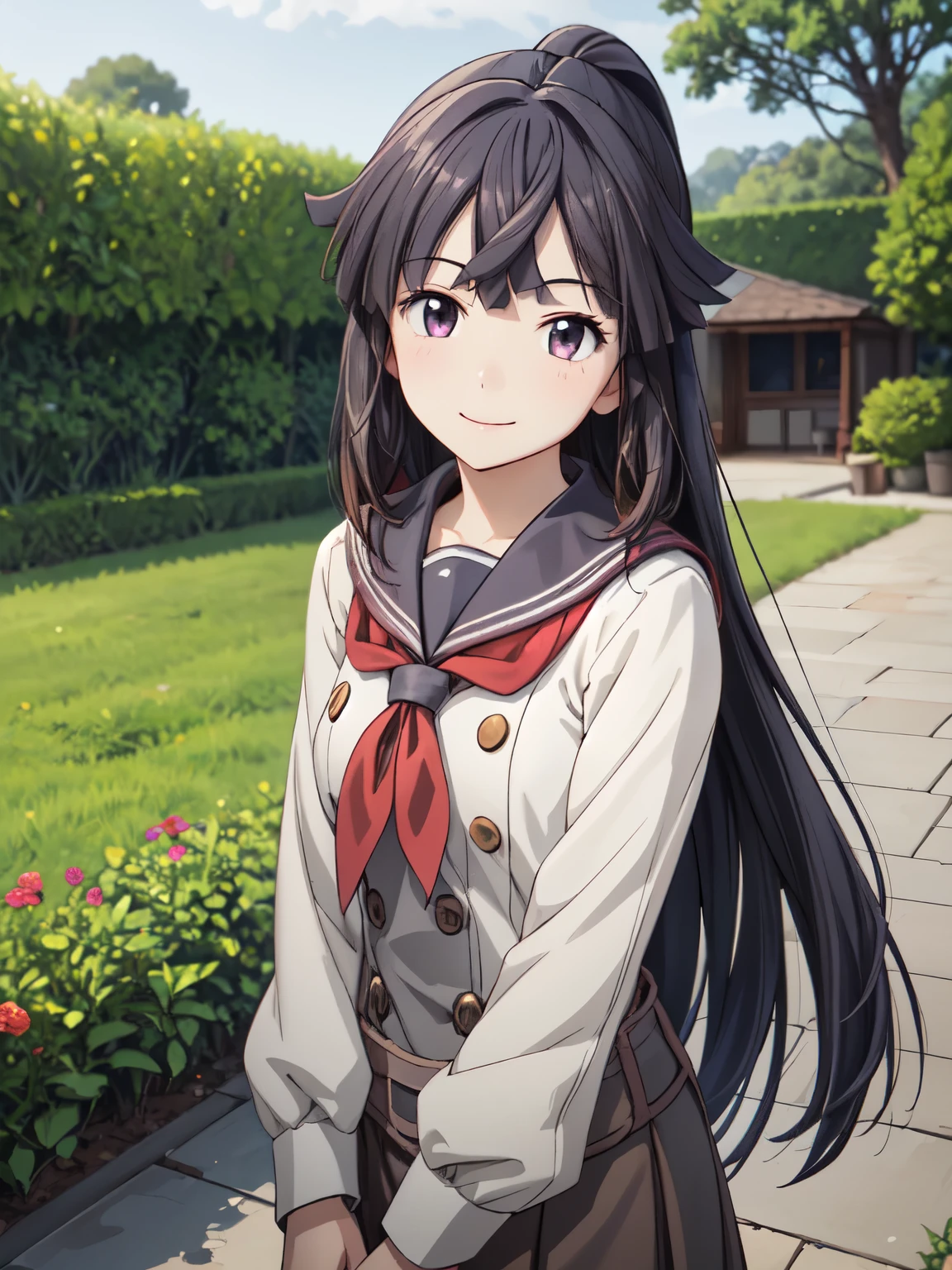  very detailed,  High Resolution ,[8K images:1.15],garden、Standing、全体的にLong Hair、Closed Mouth、 1 girl, smile, dawn_Log Horizon, Sailor suit、uniform、 long skirt、Long Hair, Black Hair 、Bright eyes that stare at the viewer, whole body, smile、 cowboy shot、4K,8k,Extremely detailed CG、 High Resolution 、超 High Resolution ,  perfect lighting, Extremely detailed CG、  physically-based rendering (Genuine、Realisticな、Realistic)、( animated illustration style )、