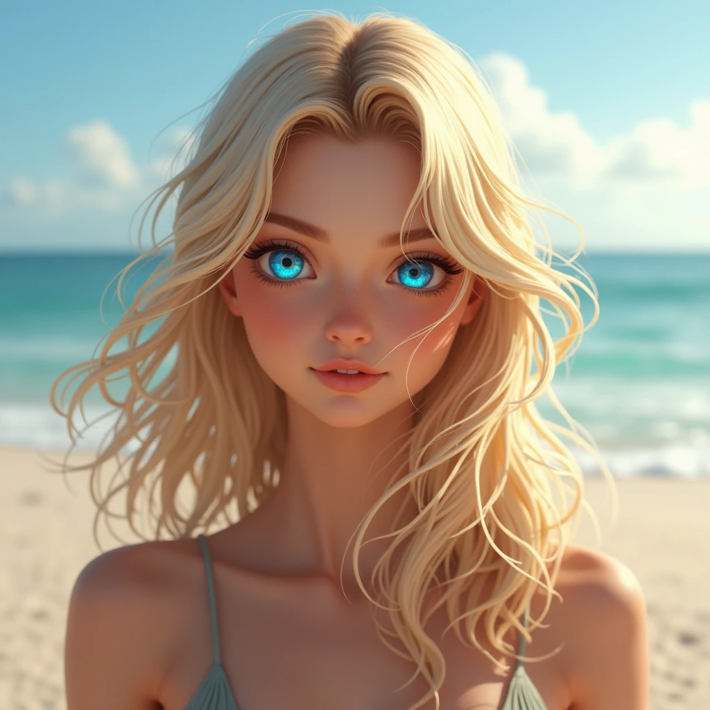 1girl, blonde hair, eyelashes, hair over one eye, blue eyes, big lips, ultra-detailed, high quality, highres, absurdres, best quality, best quality, large breasts, blurry background, long hair, bright pupils, shiny skin, tall female, colored skin, pink lips, backlighting, outdoors, extremely detailed, original, glitter, shiny skin, shiny, full body, looking down, looking at viewer, angry, glaring