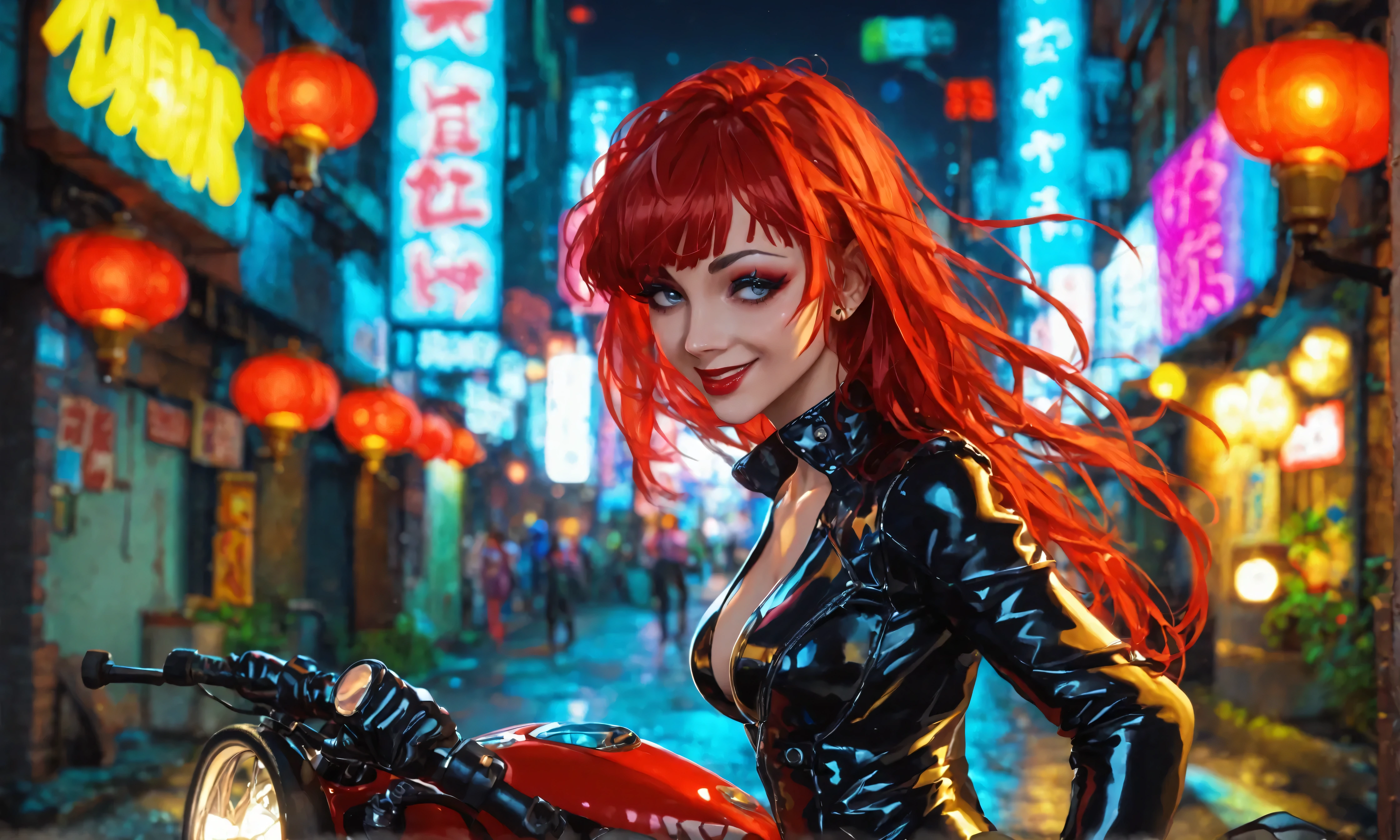 score_9, score_8_up, score_7_up, best quality, source anime,  posing, alley, beside a street lamp,shoulder bag,   light poles  , masterpiece, cyberpunk girl,  cute smile, long red  hair,  black eyeshadow, leah, 1 woman, long hair, black latex bodysuit, gothic, highest quality, detailed description , Jacket, Woman driving the  big motorbike（rider,Detailed Description, perfect Face), red motorbike（ two-wheeled vehicle, big, Mechanic Design, on street at night, neon signs, leather clothes, bokeh, vibrant, surreal colours,   red lipstick, makeup:1.6 ,  perfect face:1.9, cowboy shot, from the side, sideview, full body shot